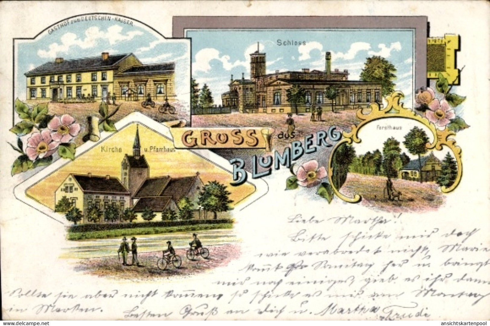 Lithographie Blumberg Ahrensfelde bei Berlin, Schloss, Gasthof zum Deutschen Kaiser, Kirche, Forsthaus