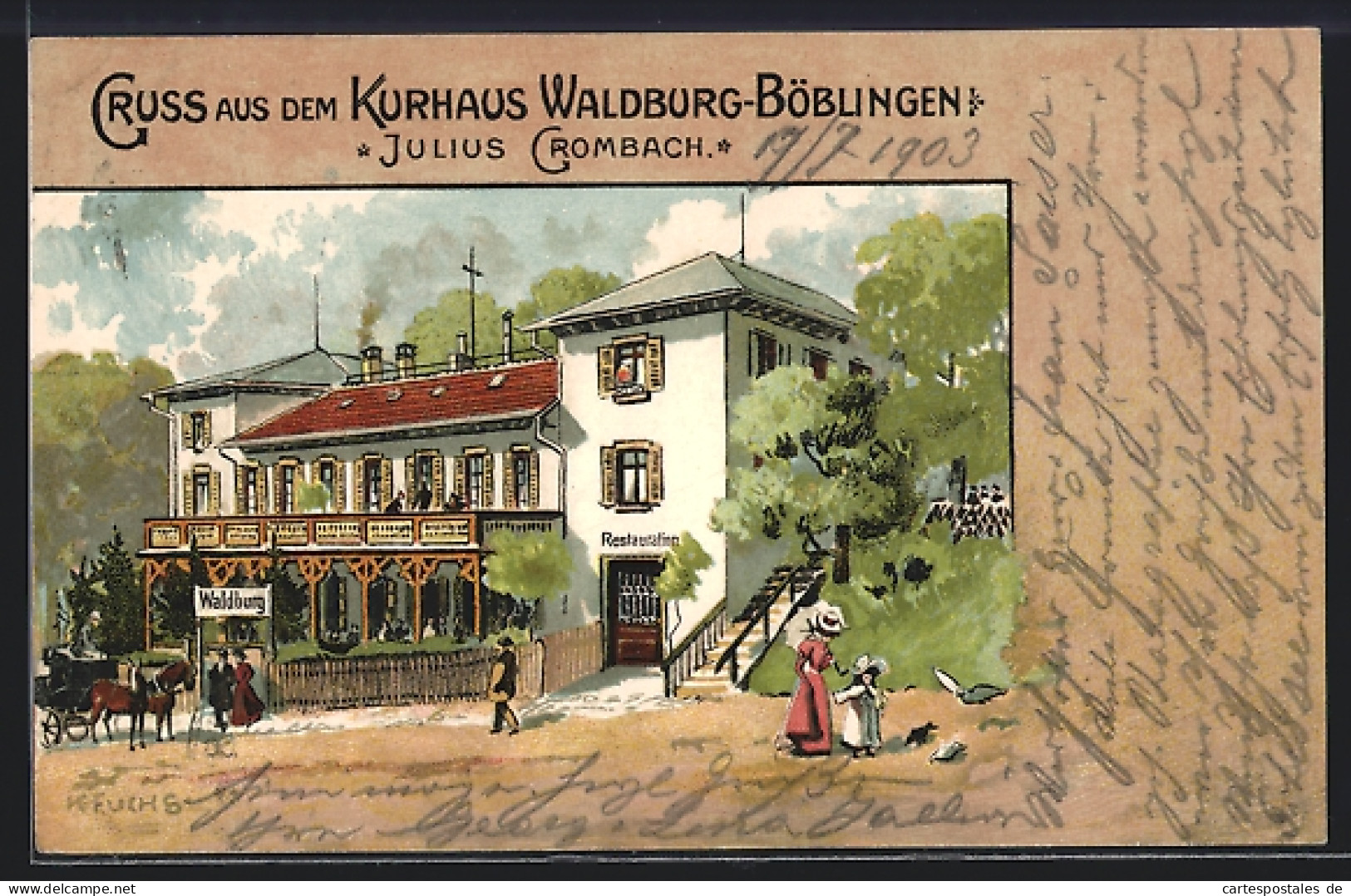 Lithographie Böblingen, Restaurant Kurhaus Waldburg-Böblingen von H. Crombach