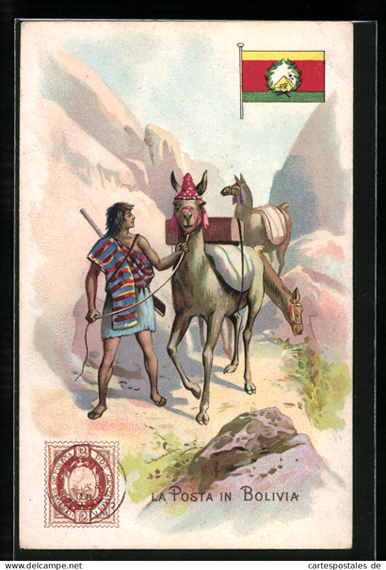 Lithographie Bolivien, La Posta in Bolivia, Postbote mit Lamas, Correo de Bolivia