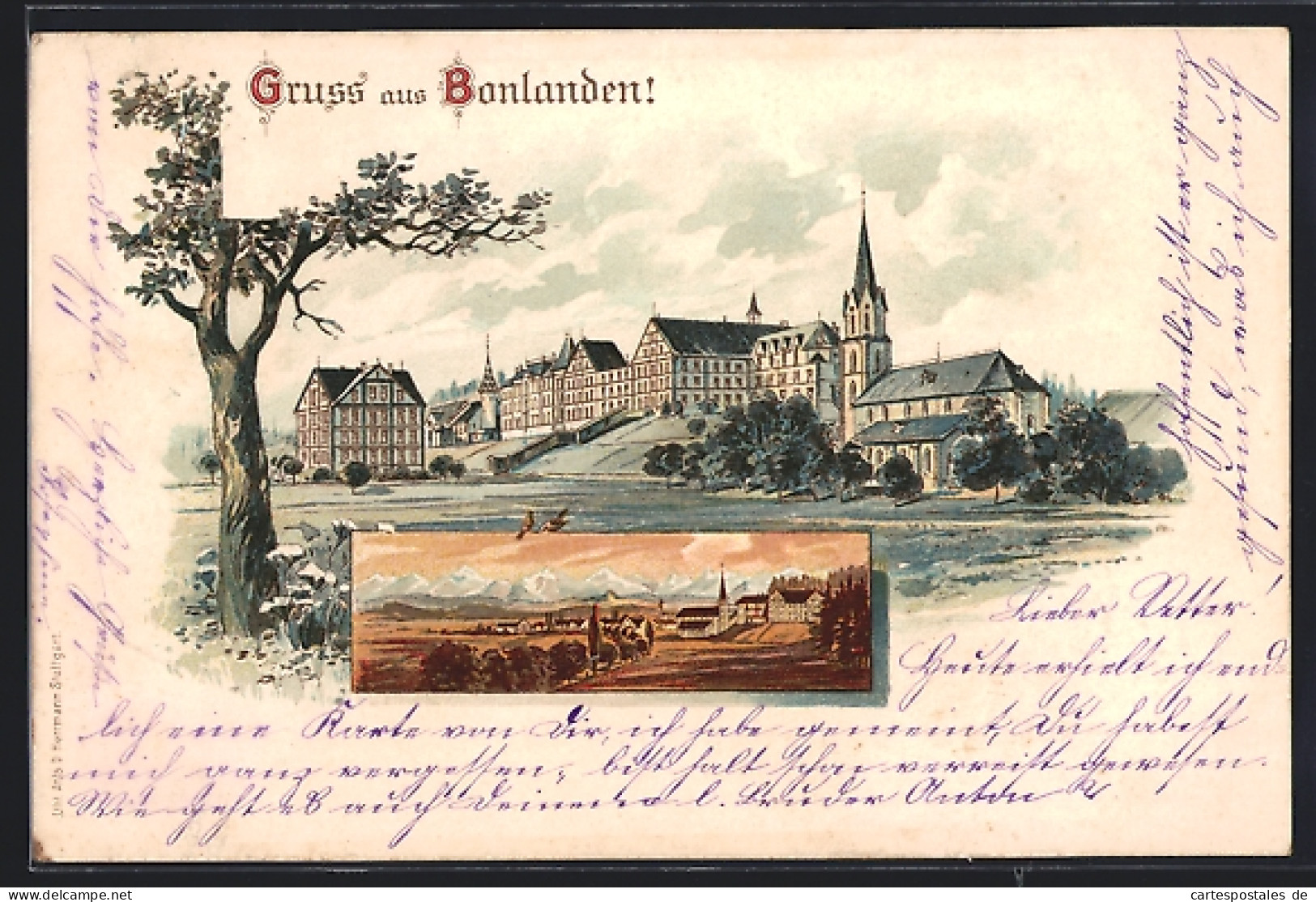 Lithographie Bonlanden / Filderstadt, Panorama des Ortes mit Kirche