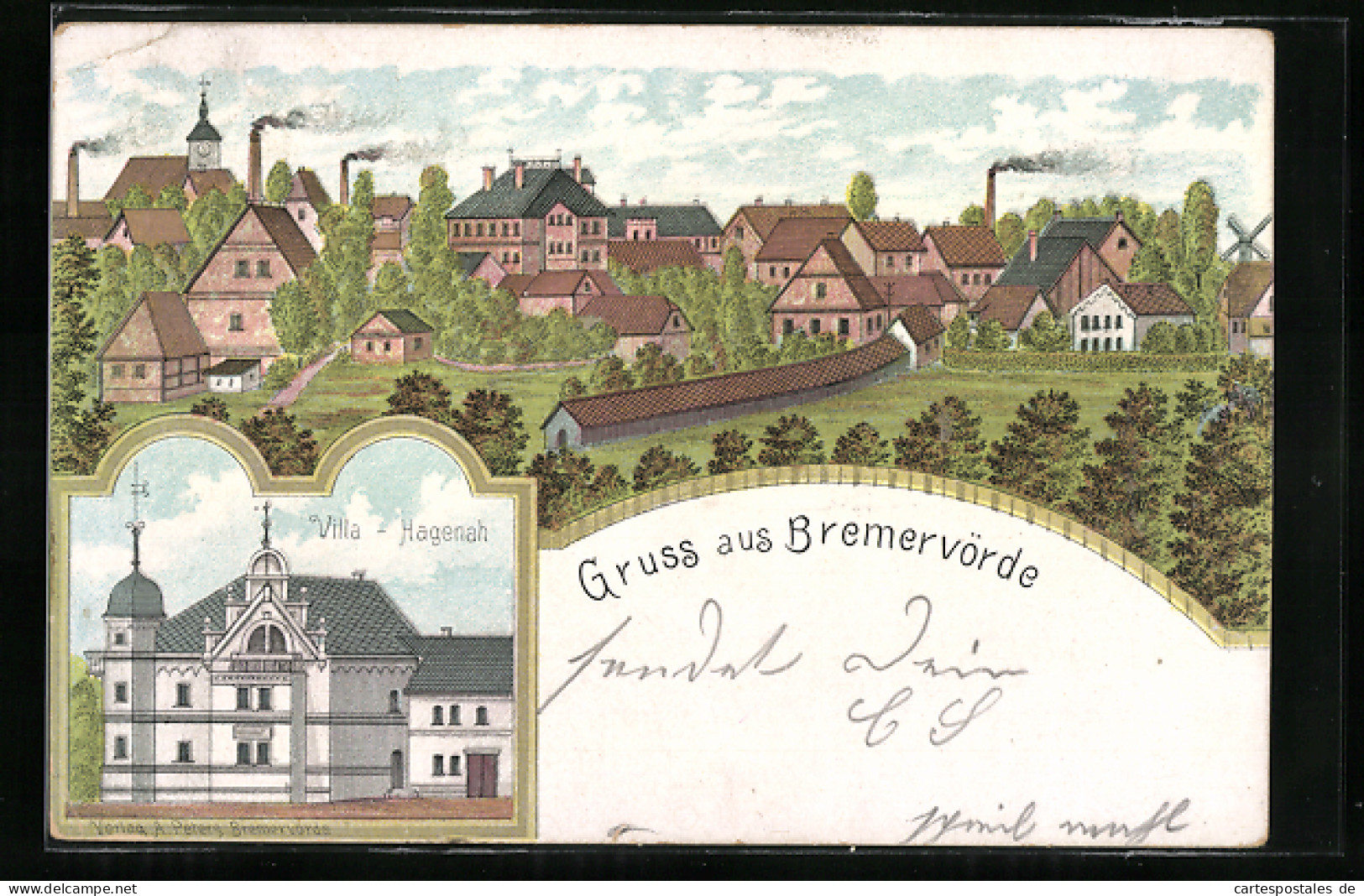 Lithographie Bremervörde, Panorama und Villa Hagenah