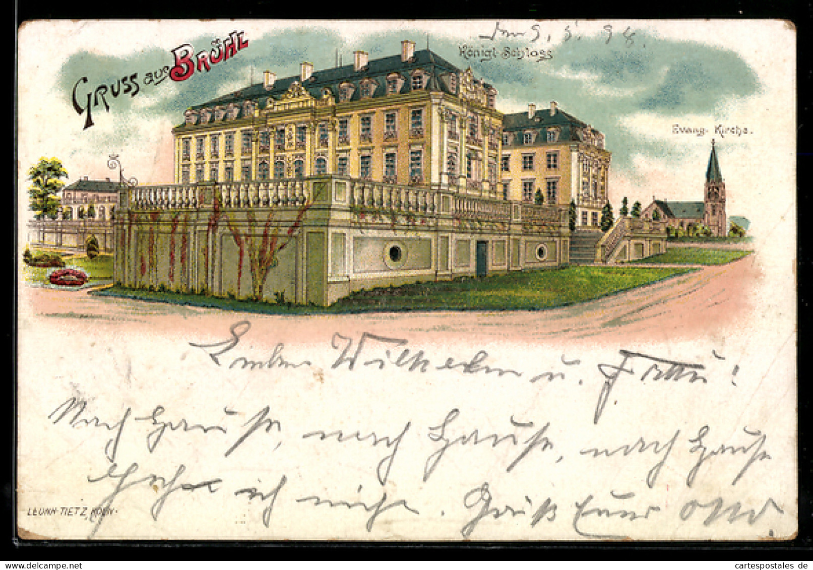 Lithographie Brühl, Königl. Schloss, evang. Kirche