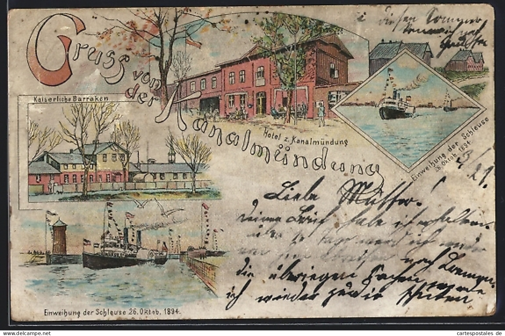 Lithographie Brunsbüttel, Festpostkarte Kanaleröffnung 1894, Hotel zur Kanalmündung, Kaiserliche Barracken