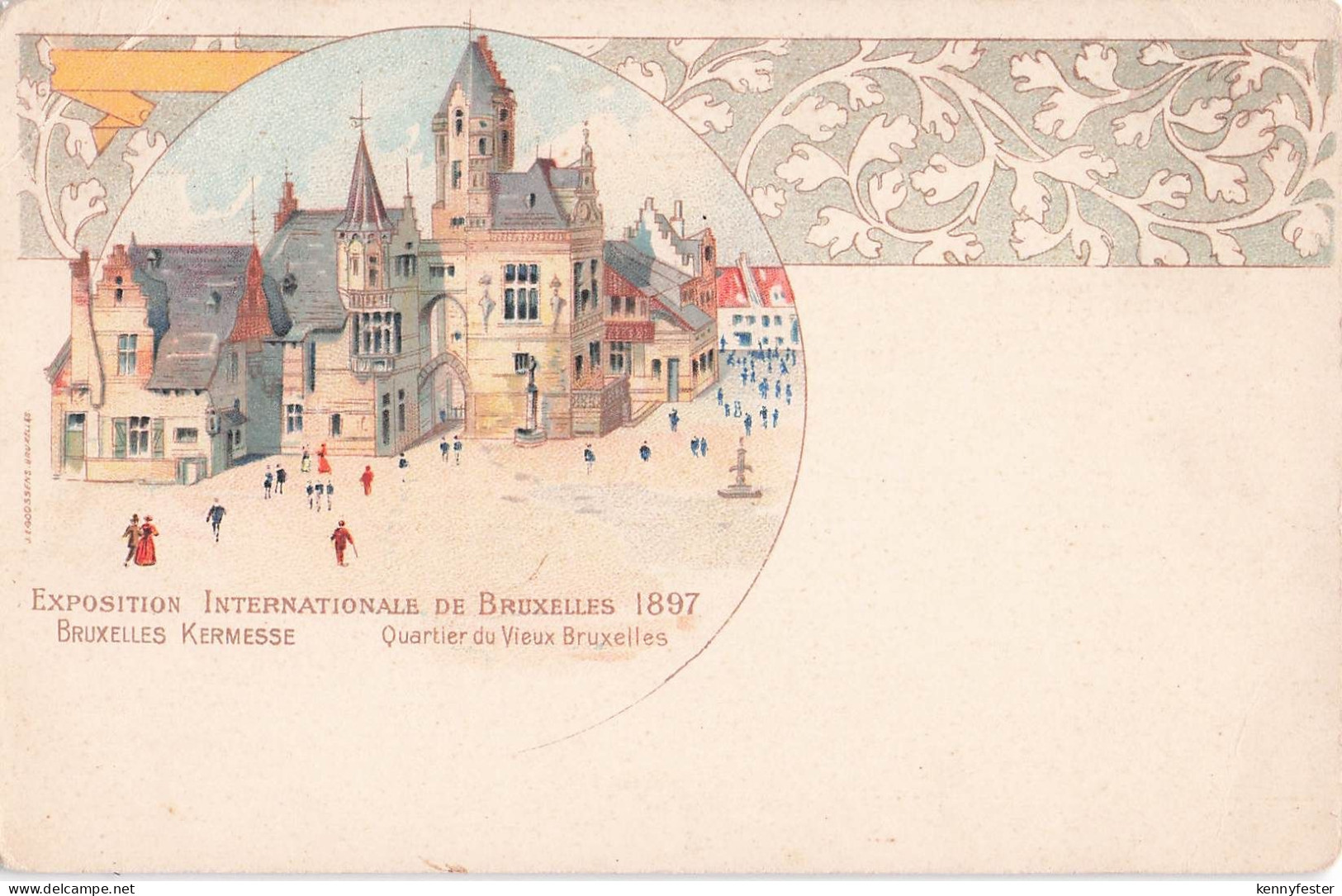 Lithographie Bruxelles, Exposition Internationale 1897, Quartier du Vieux Bruxelles-Bruxelles Kermesse