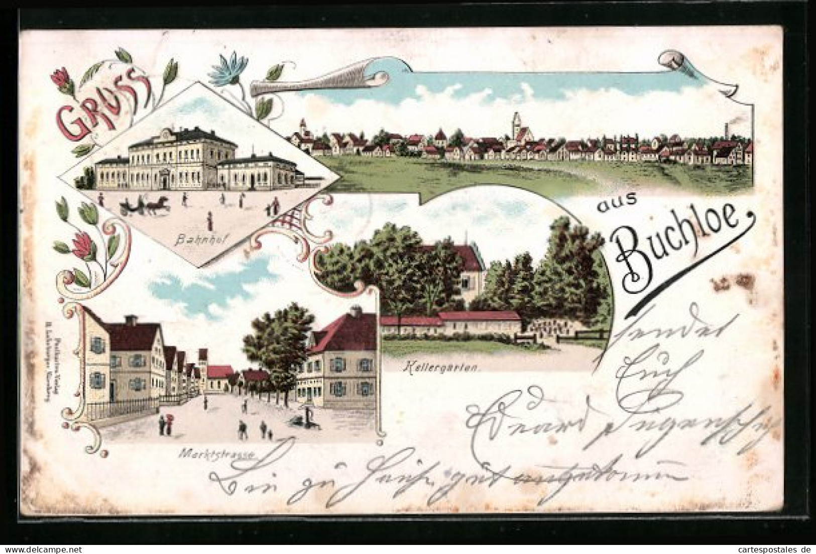 Lithographie Buchloe, Bahnhof, Marktstrasse, Kellergarten