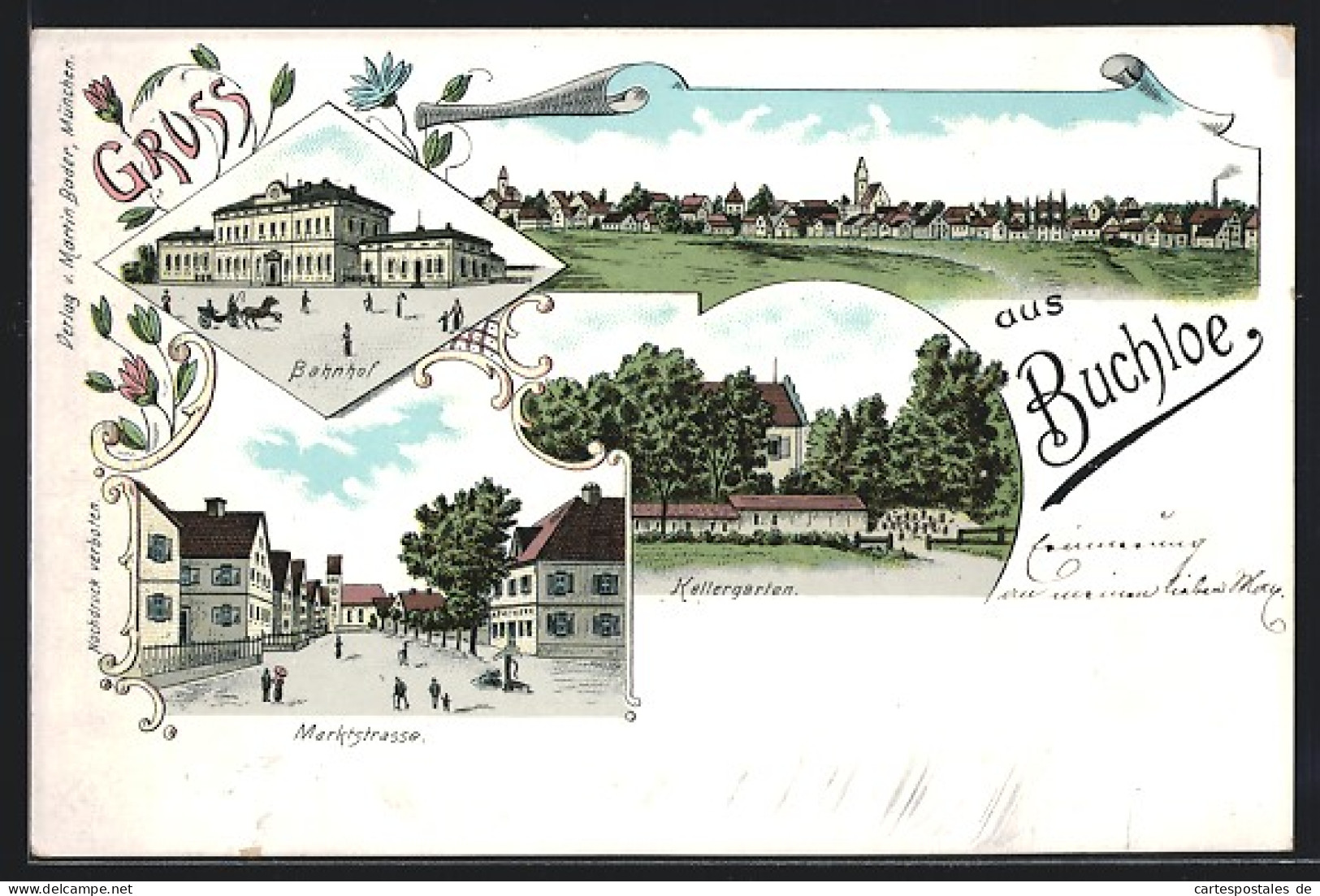 Lithographie Buchloe, Bahnhof, Marktstrasse, Kellergarten
