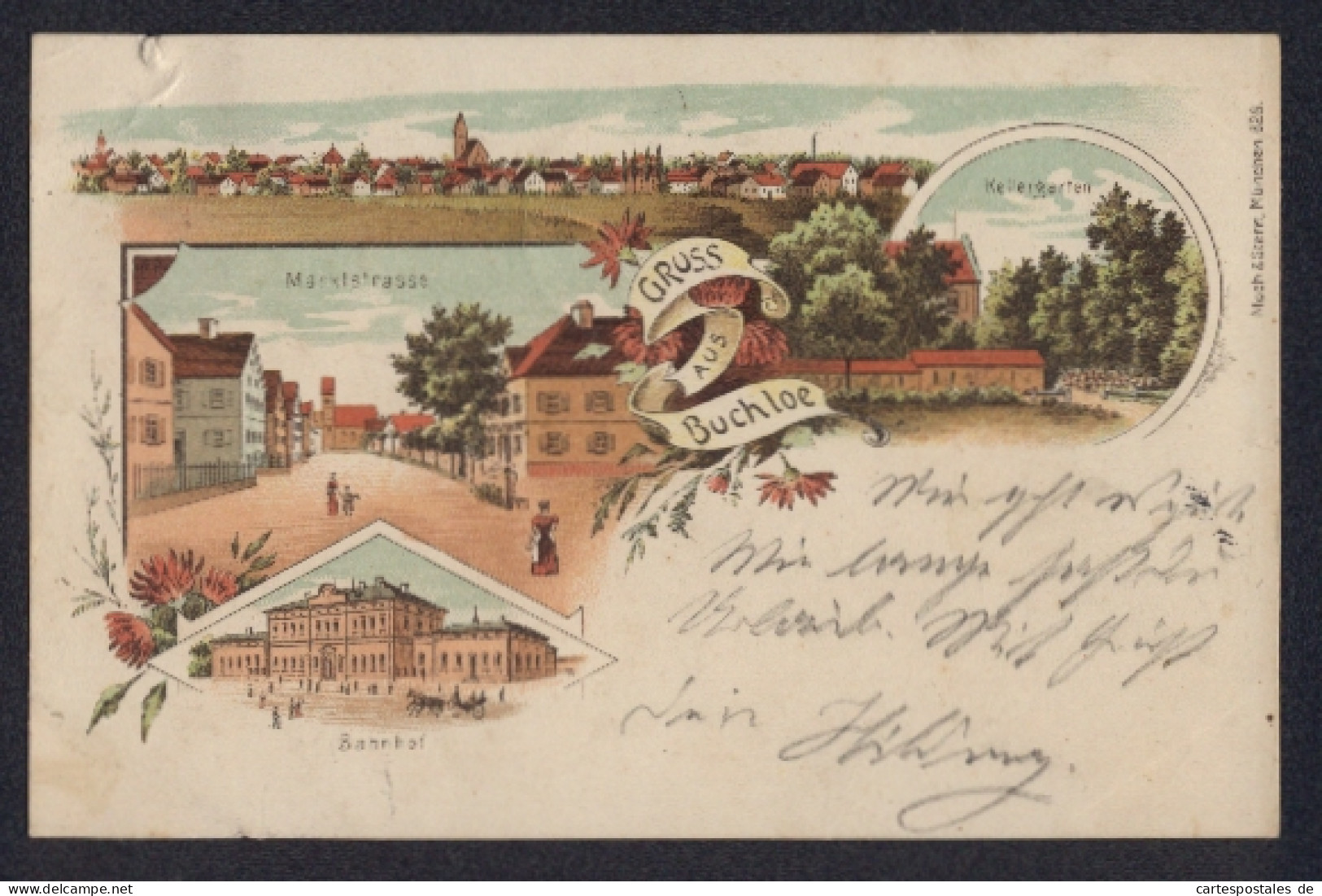Lithographie Buchloe, Gasthaus Kellergarten, Bahnhof, Marktstrasse