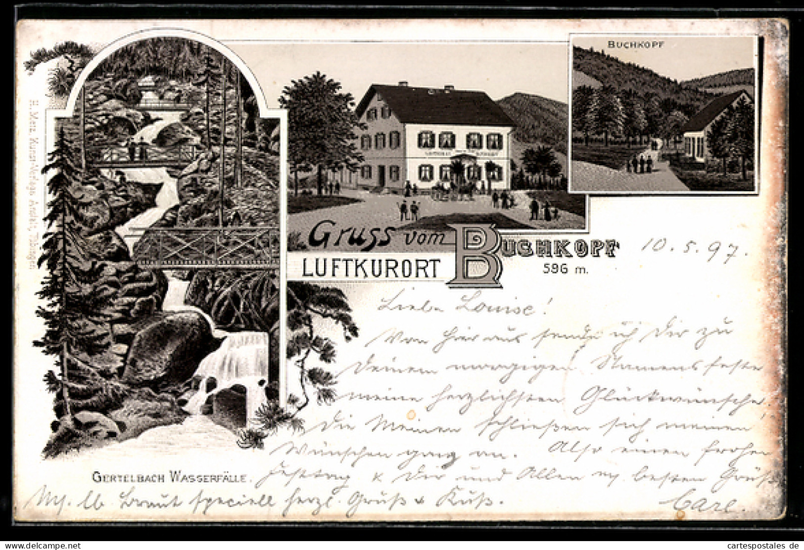 Lithographie Bühlertal, Buchkopf, Gasthof Buchkopf, Wasserfälle