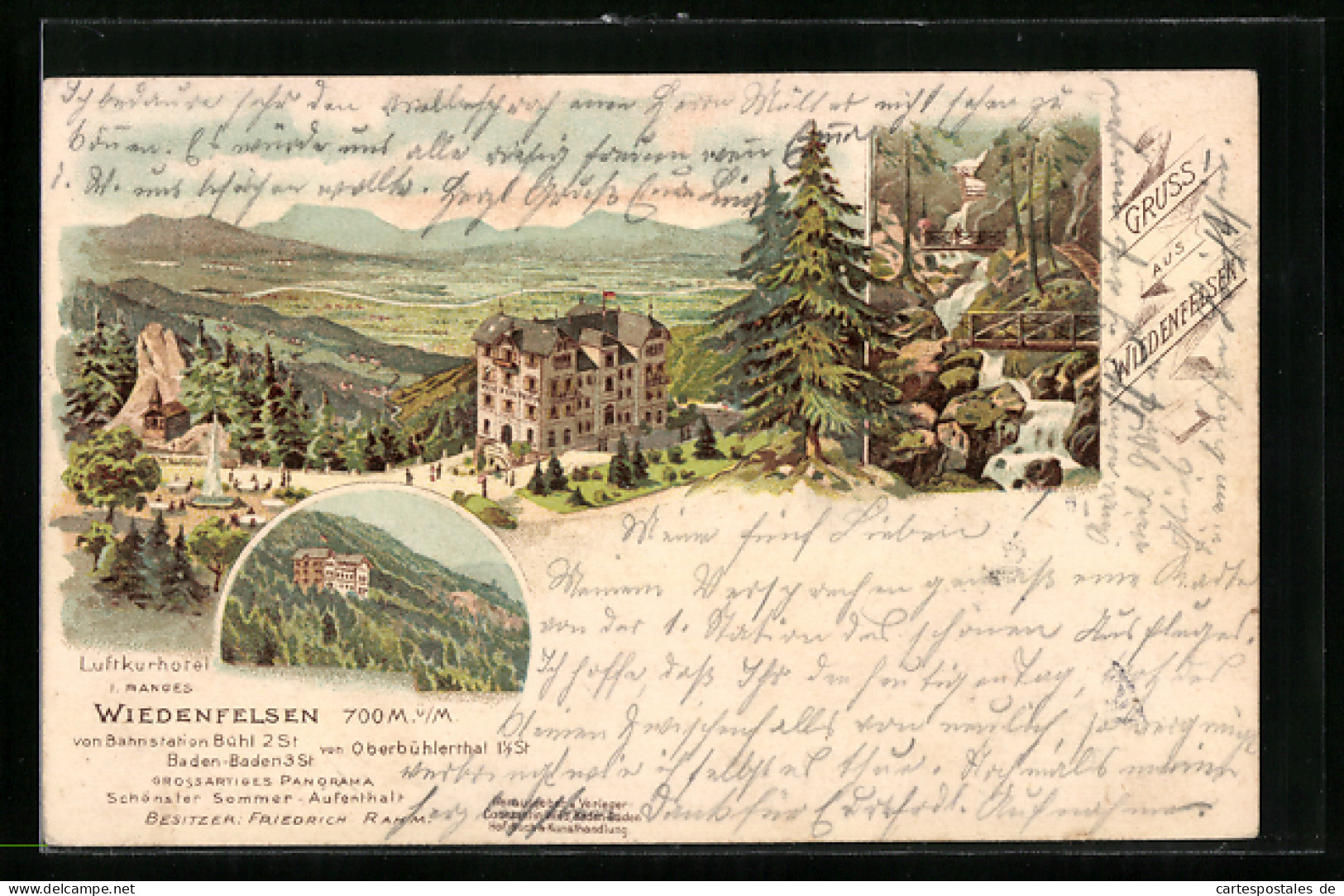Lithographie Bühlertal, Hotel Wiedenfelsen, Mehrfachansicht, Wasserfall