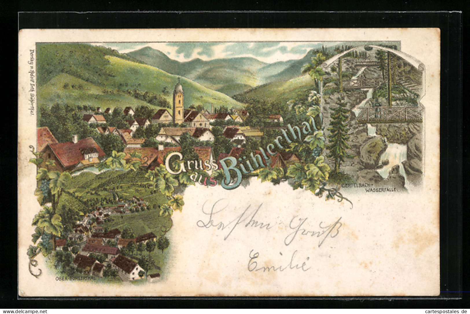 Lithographie Bühlertal, Ortsansicht Ober-Bühlertal, Gertelbach-Wasserfälle