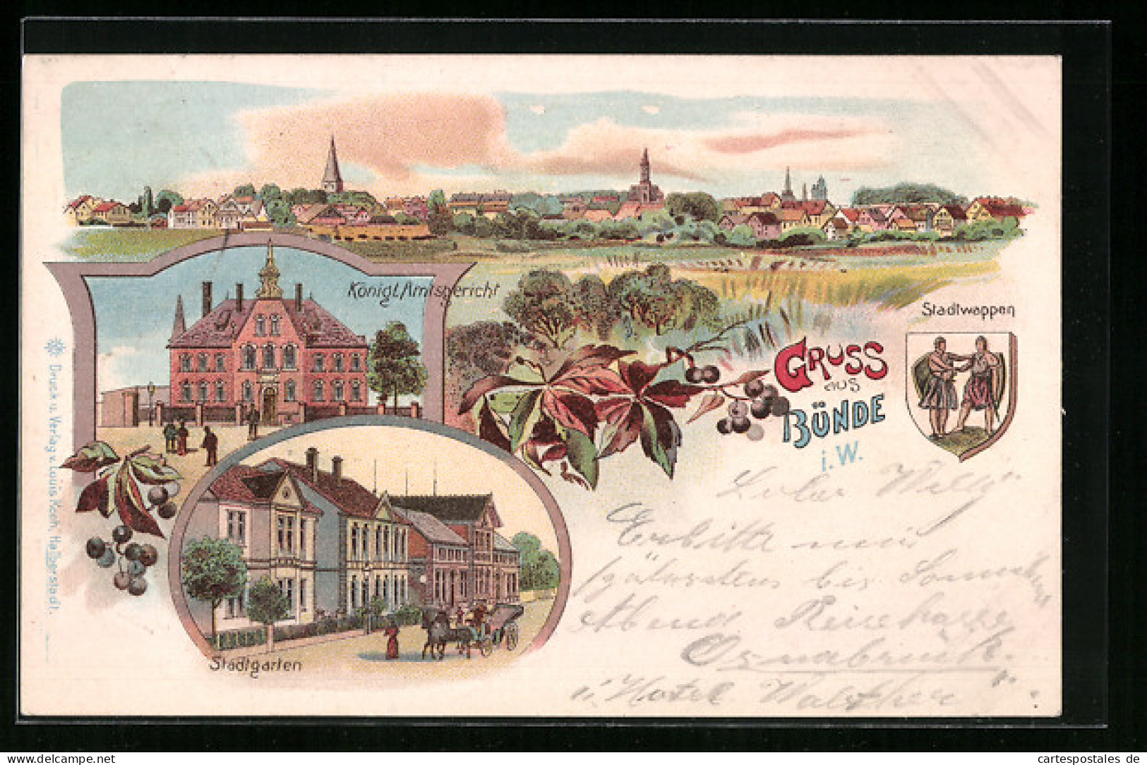 Lithographie Bünde i. W., Königl. Amtsgericht, Stadtgarten, Stadtwappen