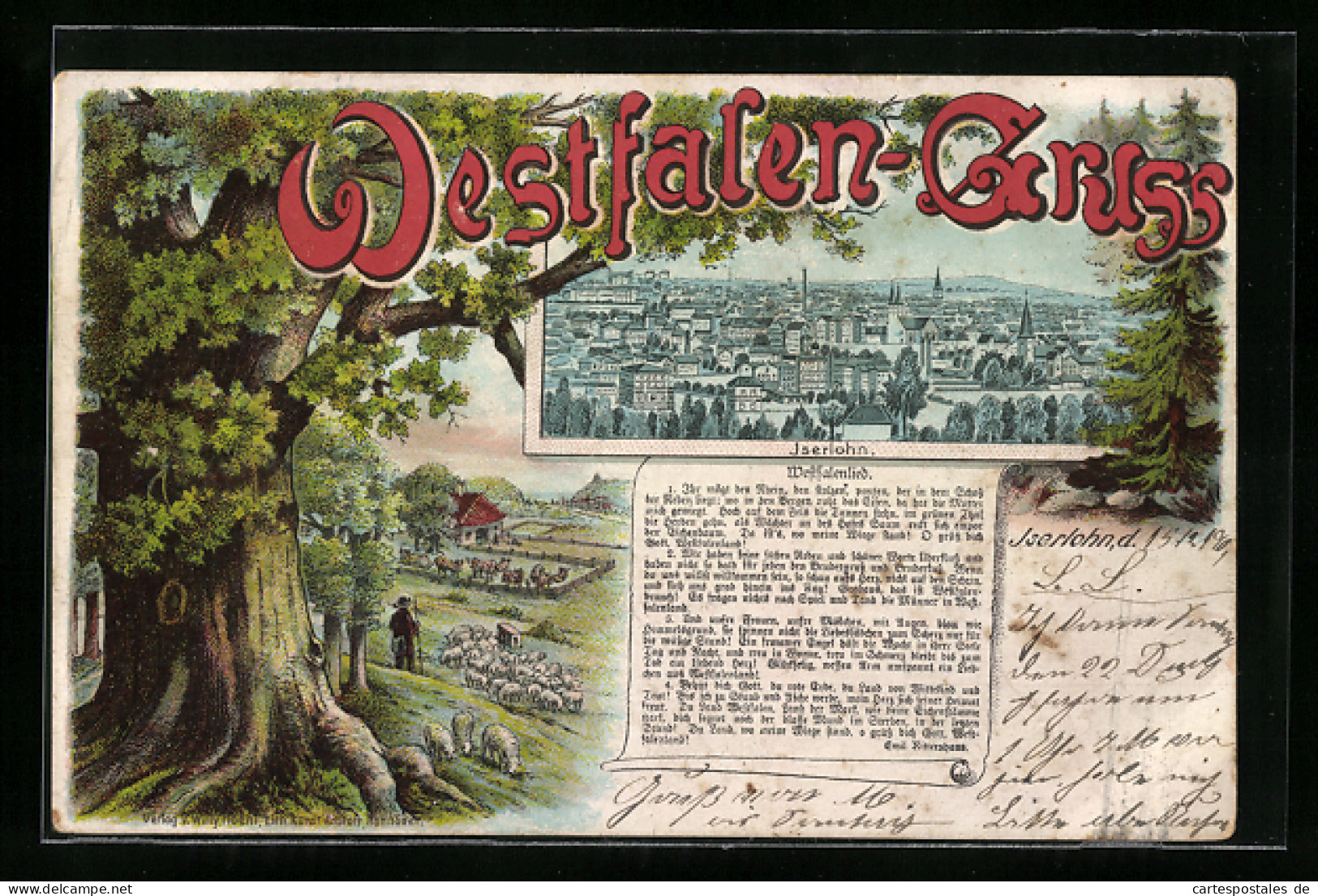 Lithographie Bünde, Ortsansicht aus der Vogelschau