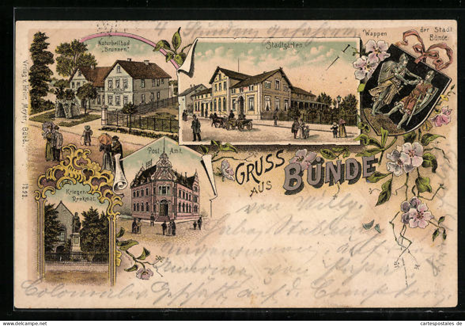 Lithographie Bünde, Stadtgarten, Postamt, Naturheilbad Brunnen