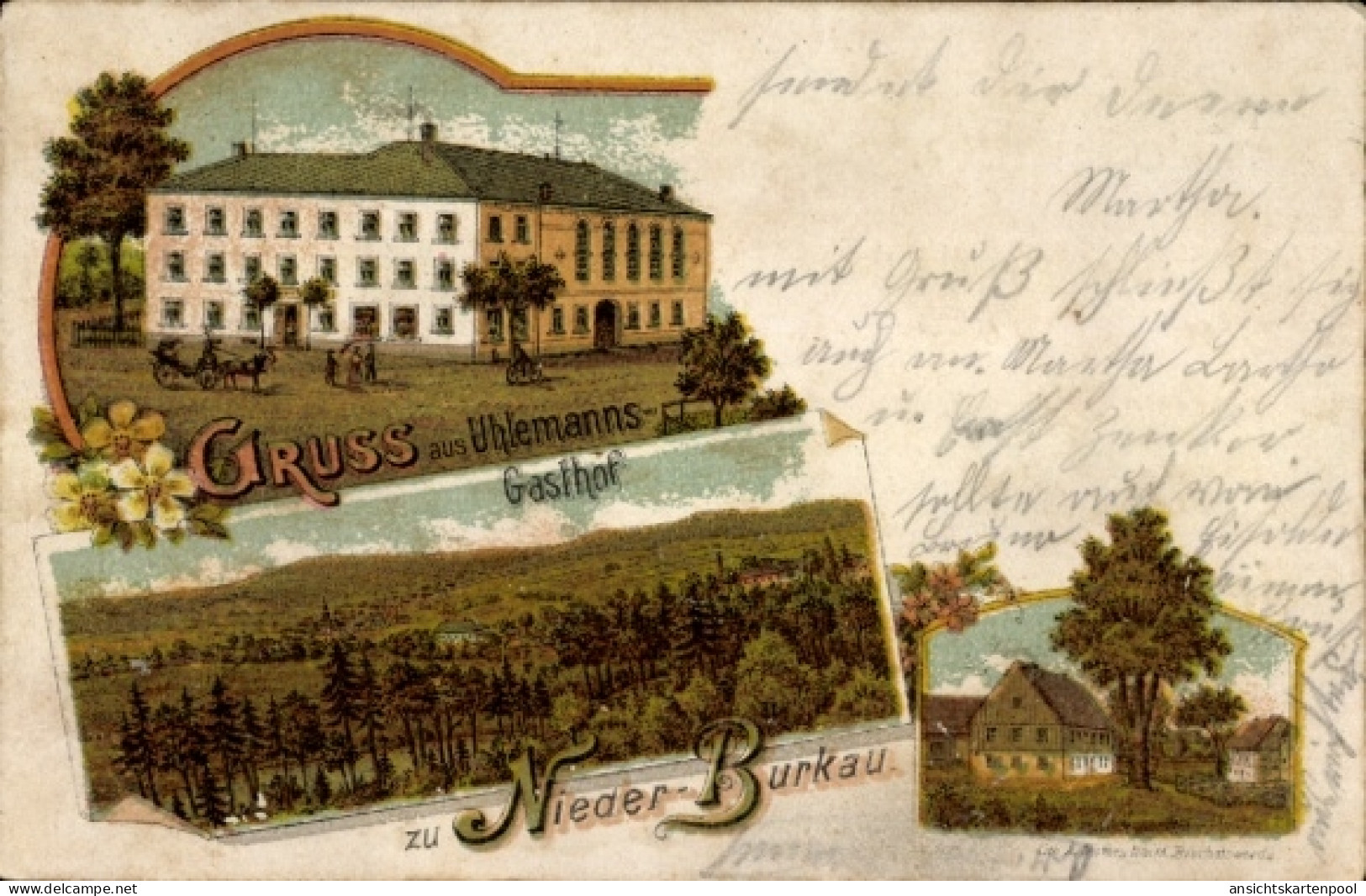 Lithographie Burkau in Sachsen, Gesamtansicht, Gasthof Nieder-Burkau