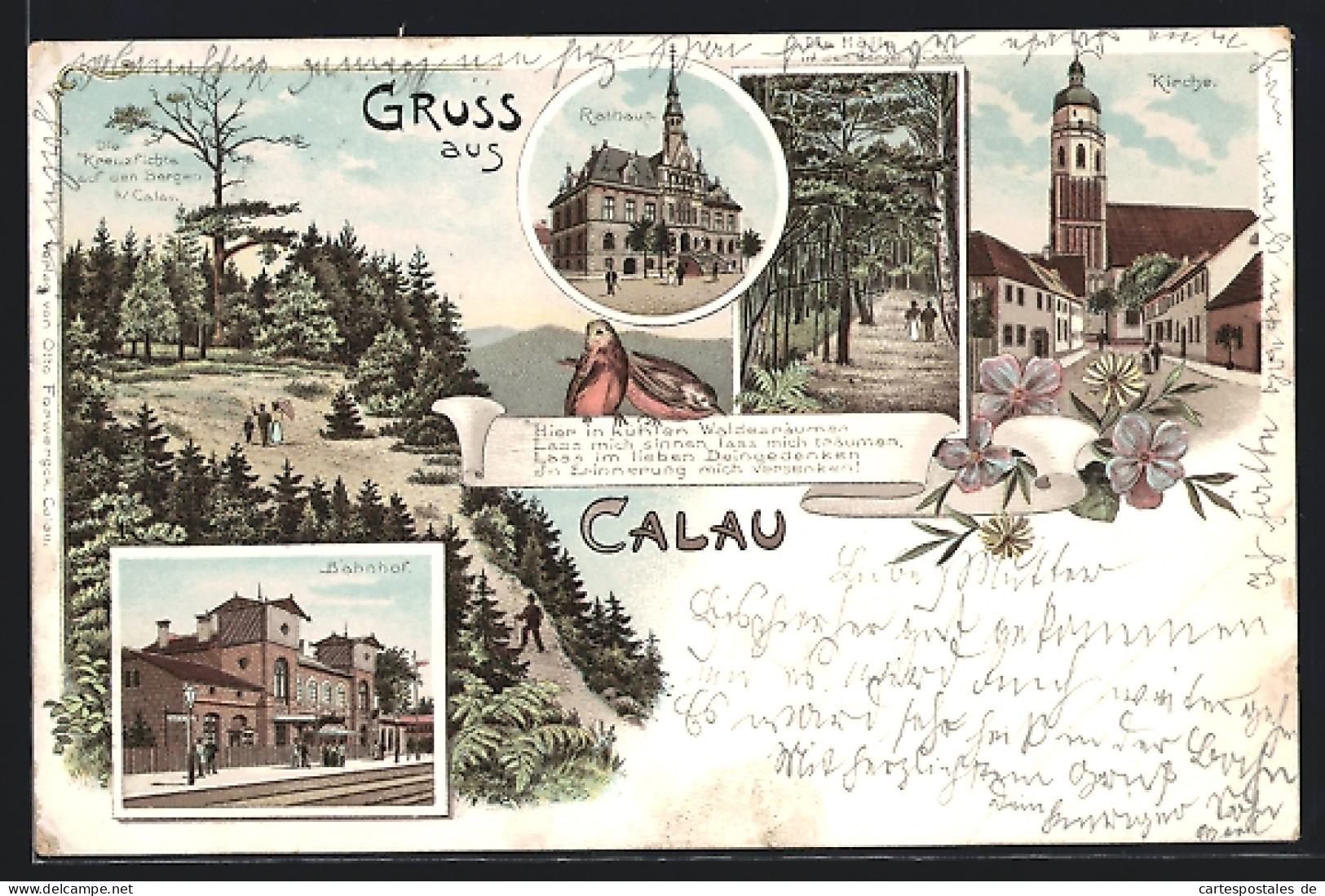 Lithographie Calau, Bahnhof, Rathaus, Kirche