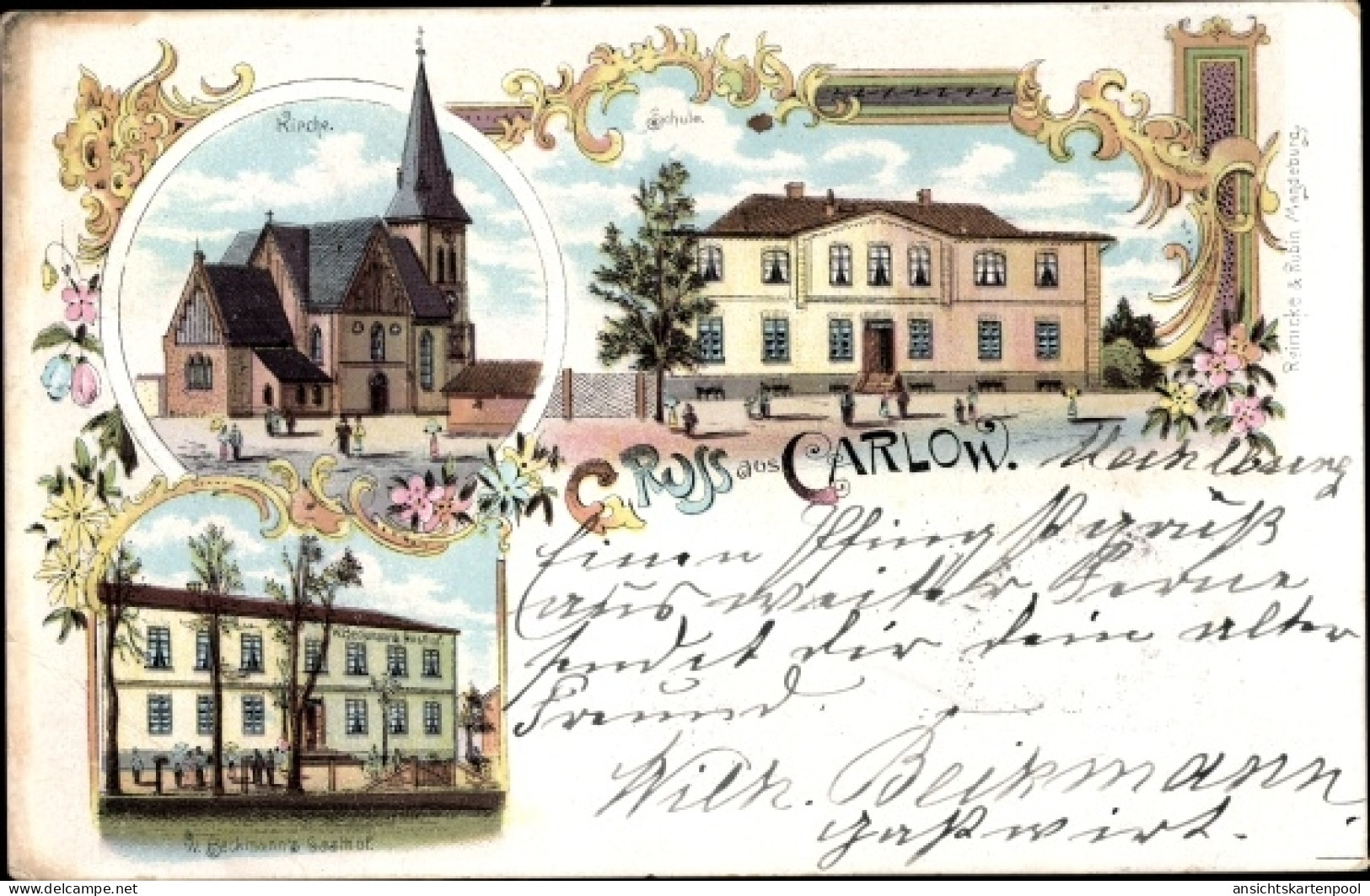 Lithographie Carlow Mecklenburg, Kirche, Gasthof, Schule