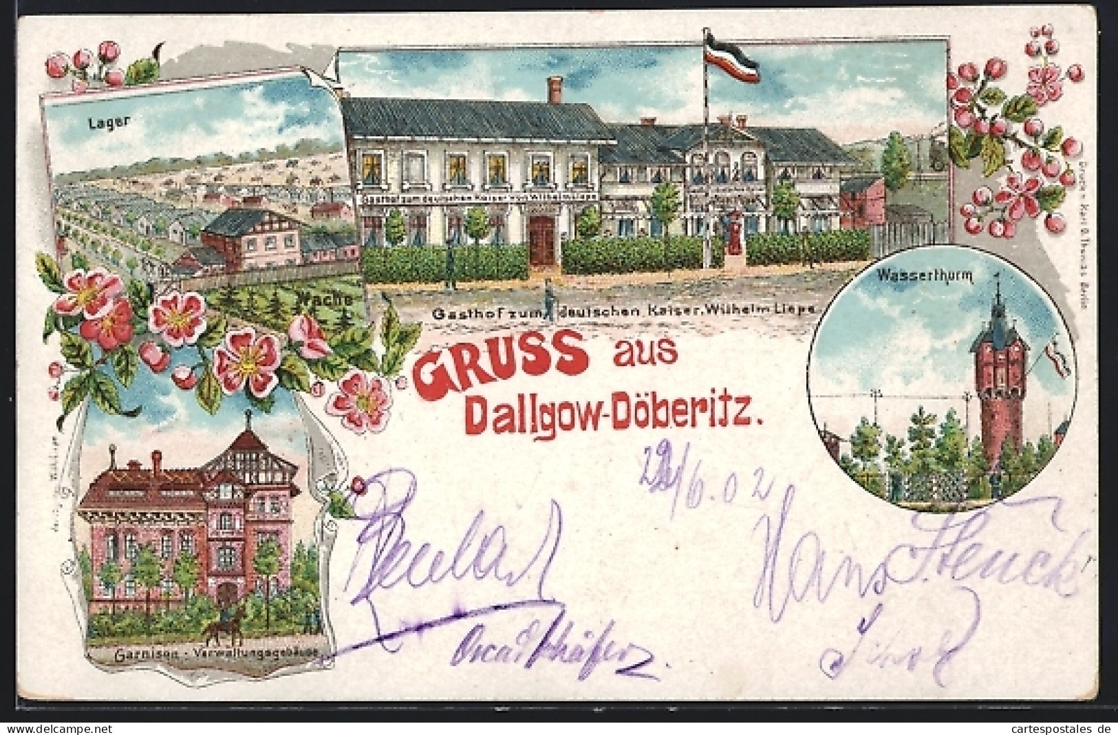Lithographie Dallgow-Döberitz, Gasthaus zum Deutschen Kaiser, Lager, Wasserturm, Garnison- Verwaltungsgebäude