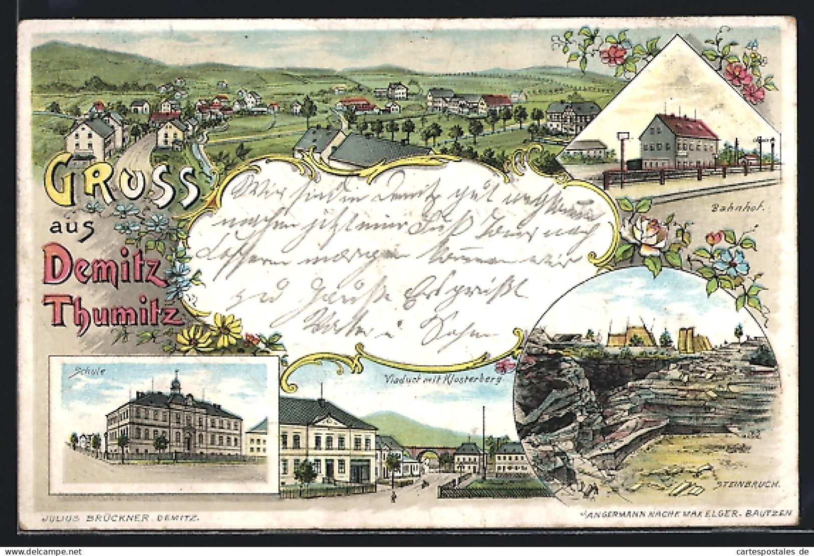 Lithographie Demitz-Thumitz, Bahnhof, Steinbruch, Schule, Viadukt mit Klosterberg