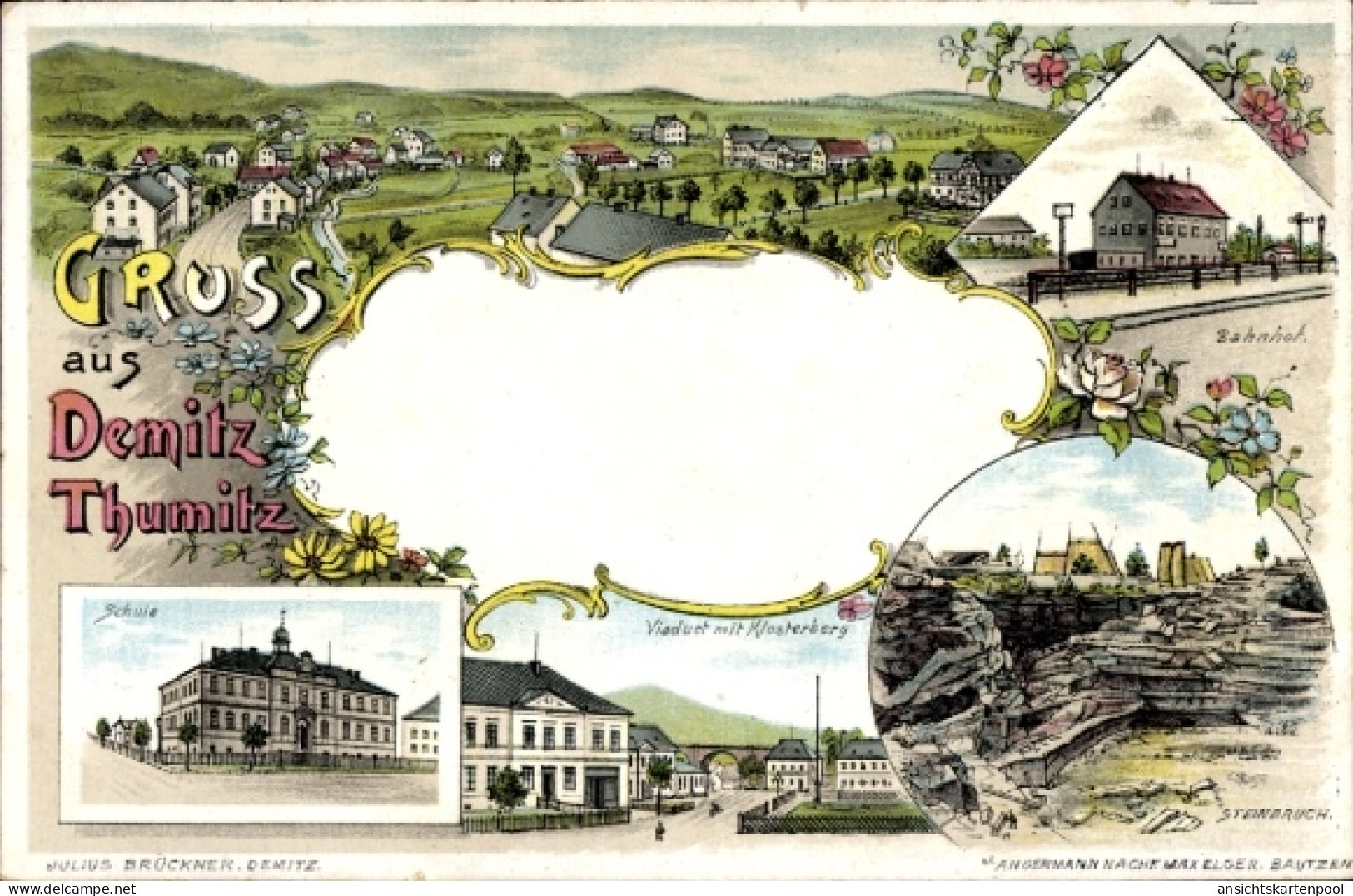 Lithographie Demitz Thumitz in Sachsen, Gesamtansicht, Schule, Bahnhof