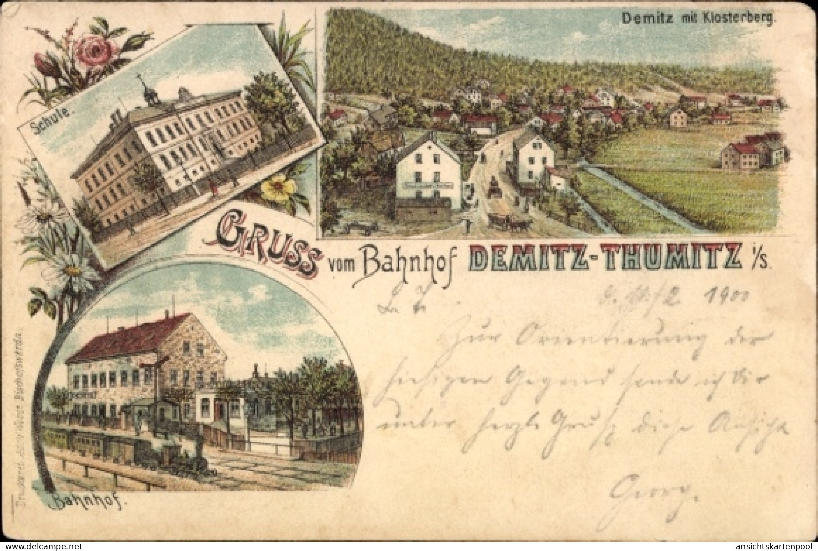 Lithographie Demitz Thumitz in Sachsen, Klosterberg, Bahnhof, Schule