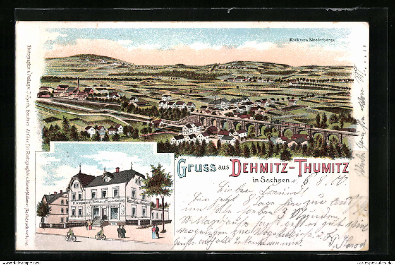 Lithographie Demitz-Thumitz, Klempnerei f. Bau & Wasserleitung v. Kurt Richter, Blick vom Klosterberge