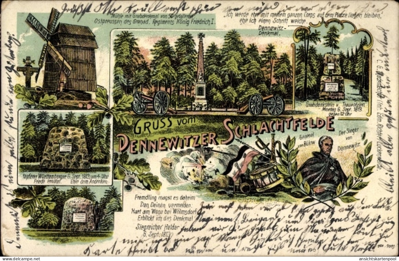 Lithographie Dennewitz Niedergörsdorf in Brandenburg, Dennewitzer Schlachtfeld, General von Bülow, Mühle