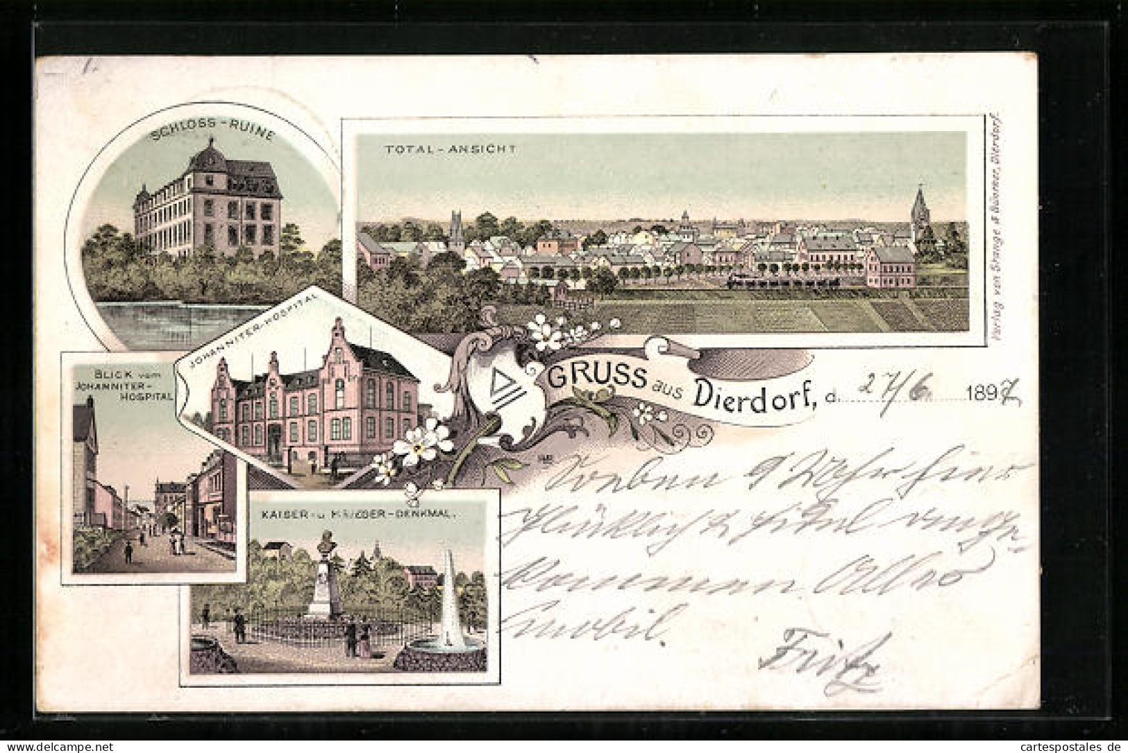 Lithographie Dierdorf, Johanniter-Hospital, Total-Ansicht, Kaiser - und Krieger-Denkmal