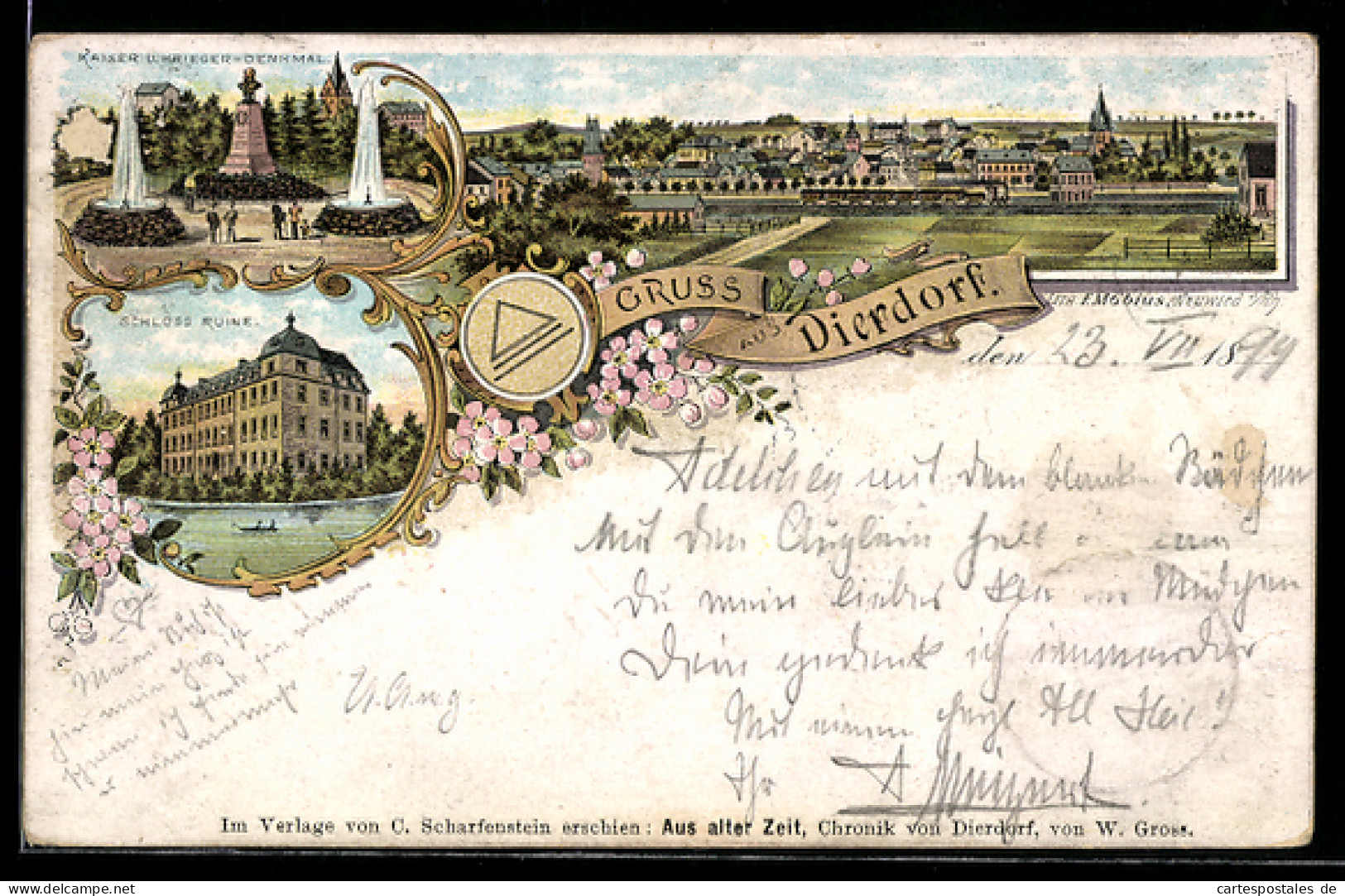 Lithographie Dierdorf, Kaiser und Krieger-Denkmal, Schloss Ruine, Totalansicht