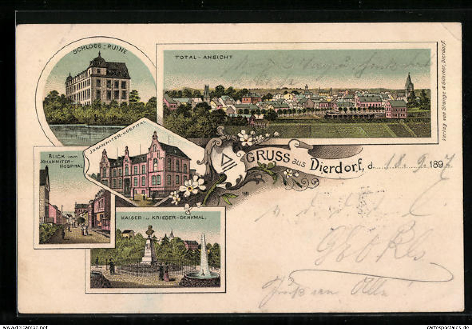 Lithographie Dierdorf, Schloss-Ruine, Johanniter-Hospital, Panorama