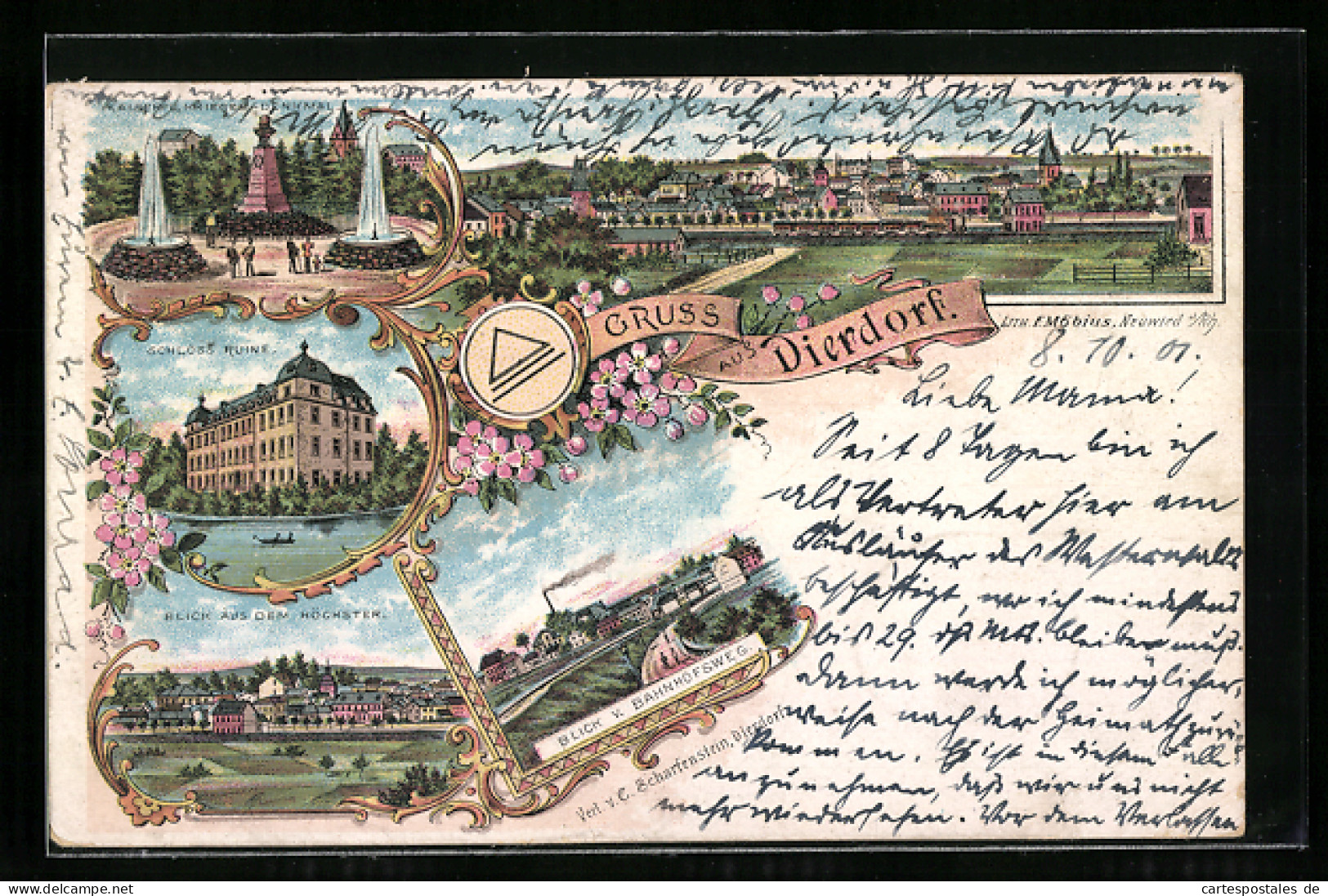 Lithographie Dierdorf, Schlossruine, Kaiser- u. Krieger-Denkmal, Ortsansicht