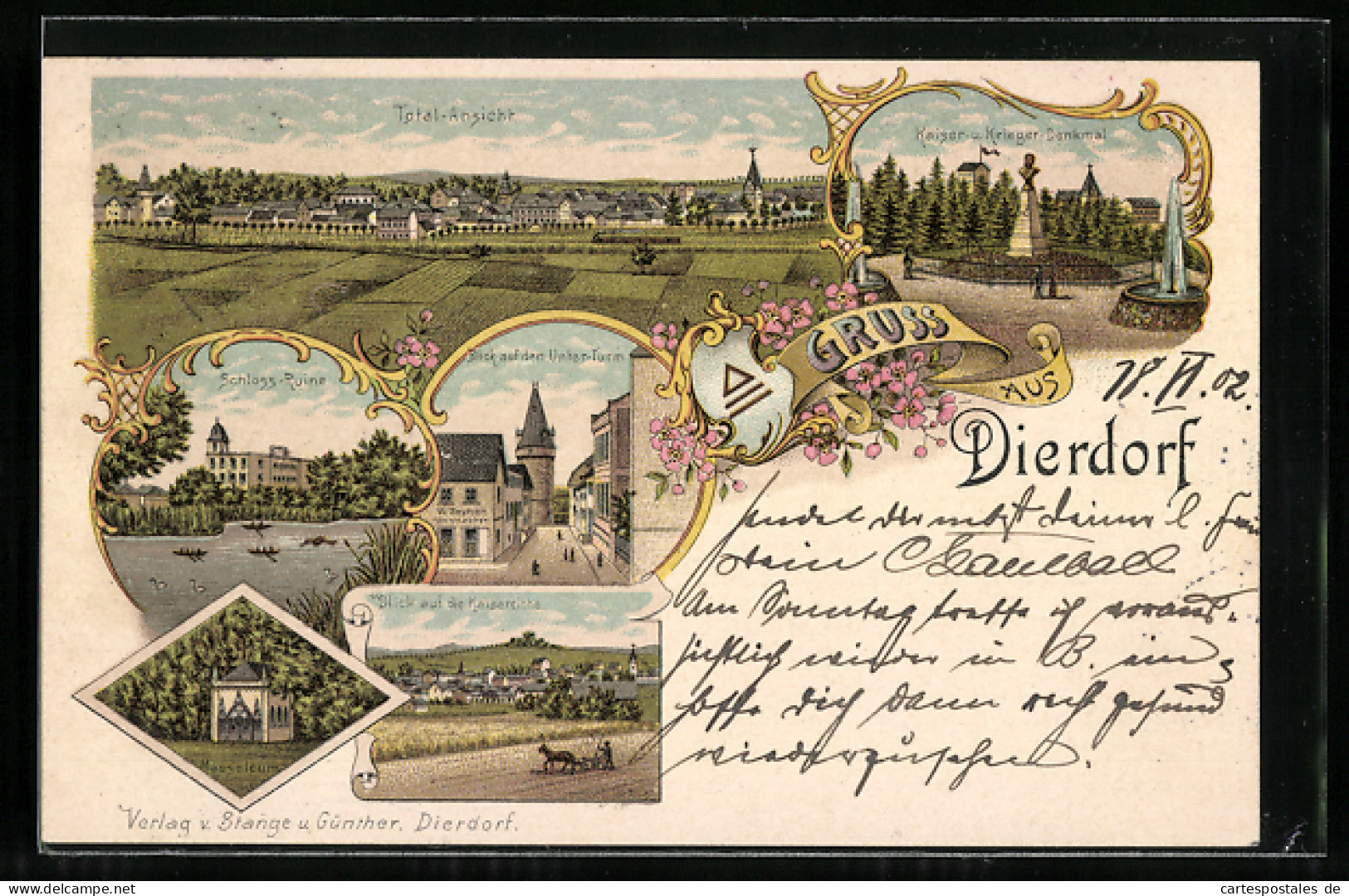 Lithographie Dierdorf, Totalansicht, Schloss-Ruine, Mausoleum