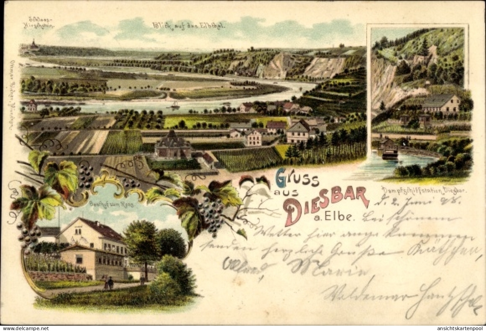 Lithographie Diesbar Seußlitz an der Elbe, Schloss Hirschstein, Dampfschiffstation, Gasthof zum Ross