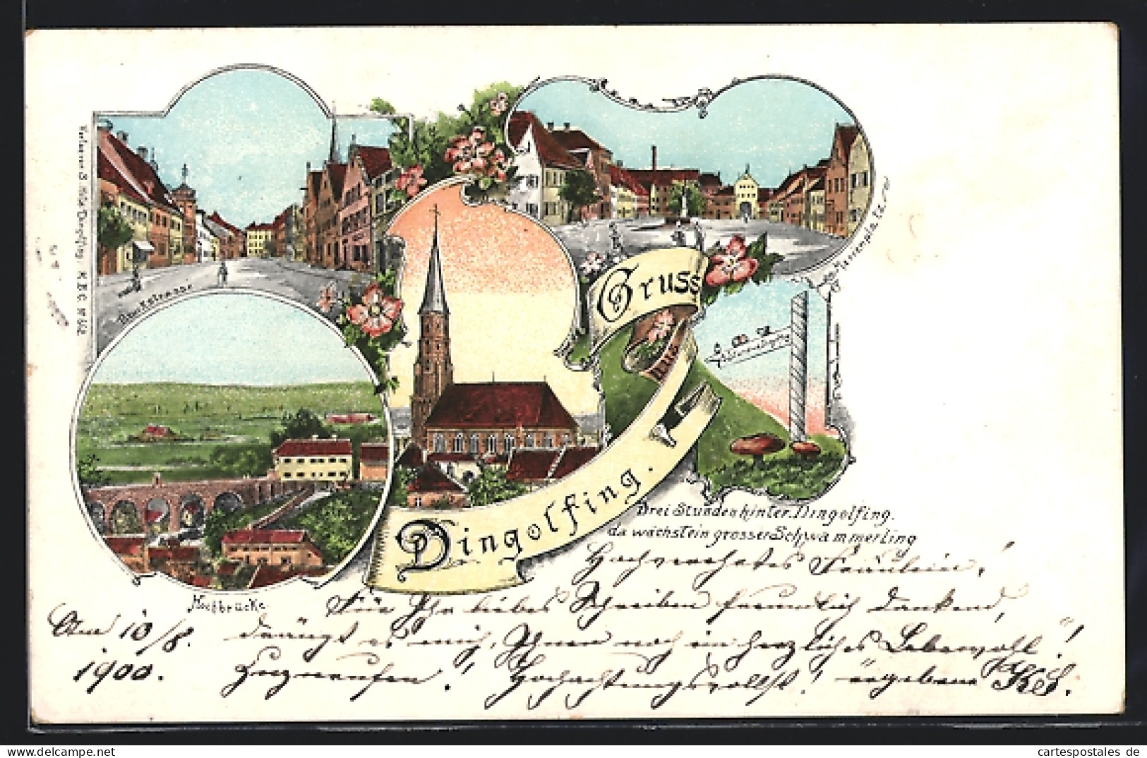 Lithographie Dingolfing, Die Kirche, Marienplatz, Bruckstrasse, Hochbrücke