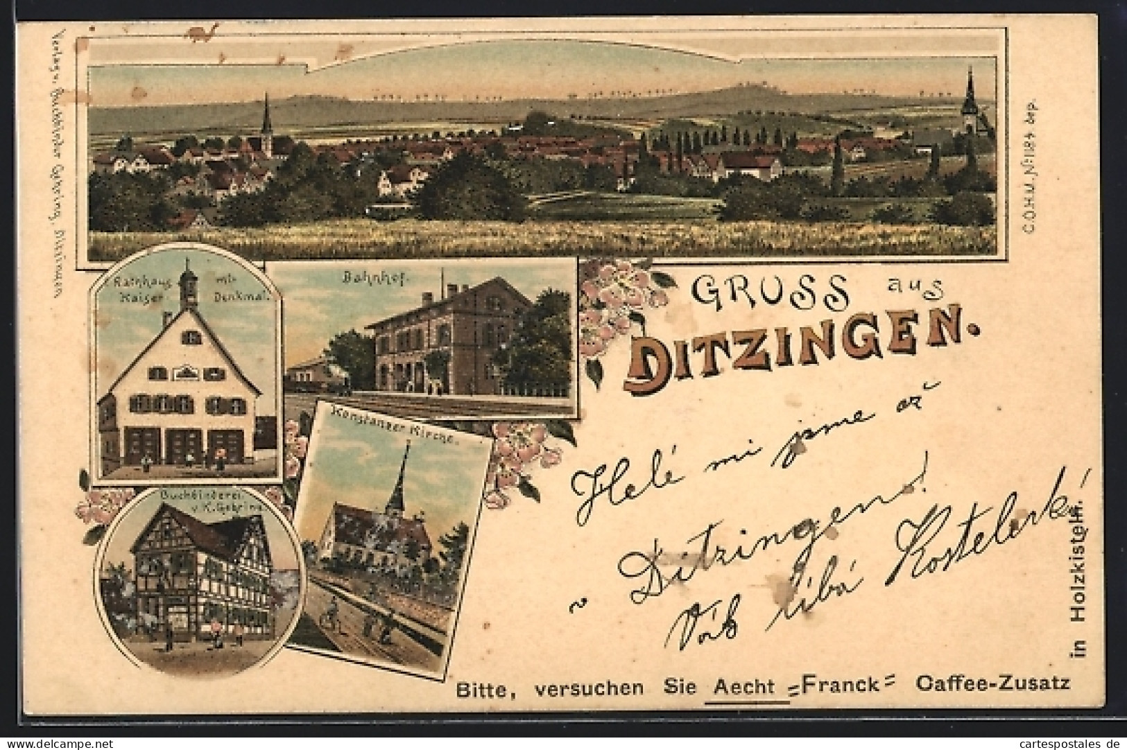 Lithographie Ditzingen, Buchbinderei von K. Gehring, Bahnhof, Rathaus, Ortsansicht