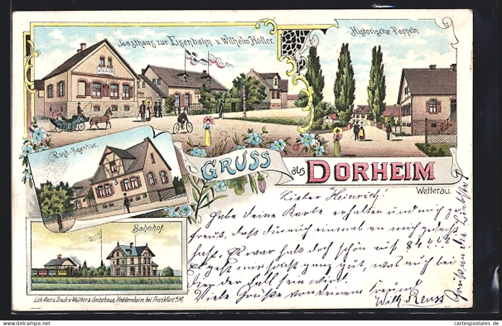 Lithographie Dorheim / Wetterau, Gasthaus zur Eisenbahn, Post-Agentur, Bahnhof, Histor. Pappeln