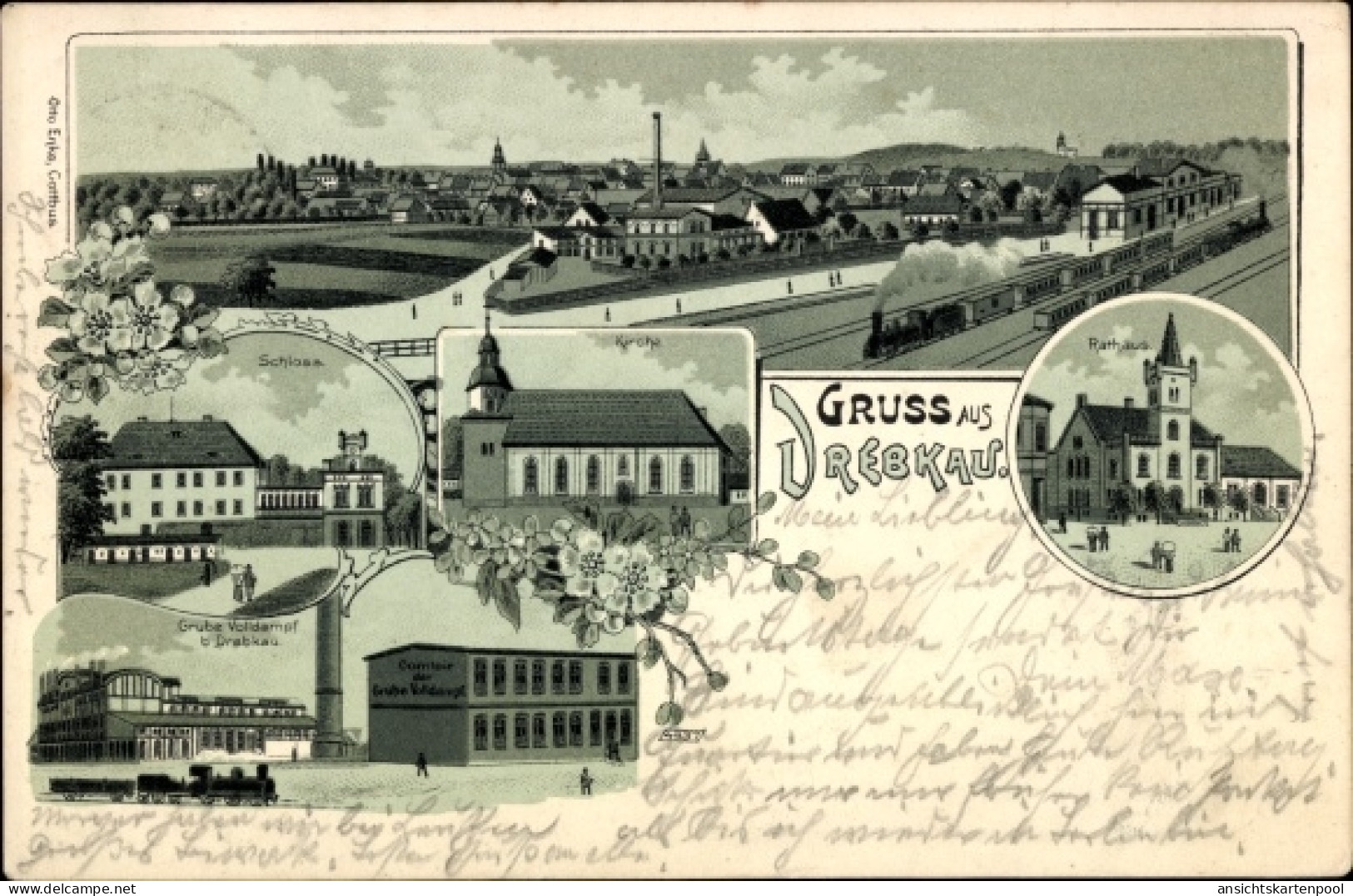 Lithographie Drebkau in der Niederlausitz, Bahnhof, Gleisseite, Rathaus, Kirche, Grube Volldampf, Schloss