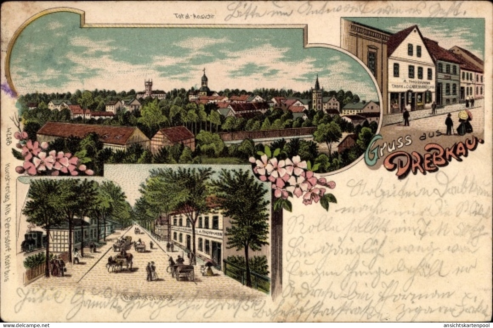 Lithographie Drebkau in der Niederlausitz, Totalansicht, Bahnhofstraße, Geschäft
