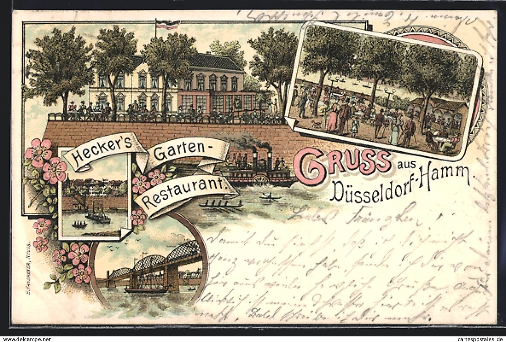 Lithographie Düsseldorf-Hamm, Szenen aus Hecker`s Garten-Restaurant