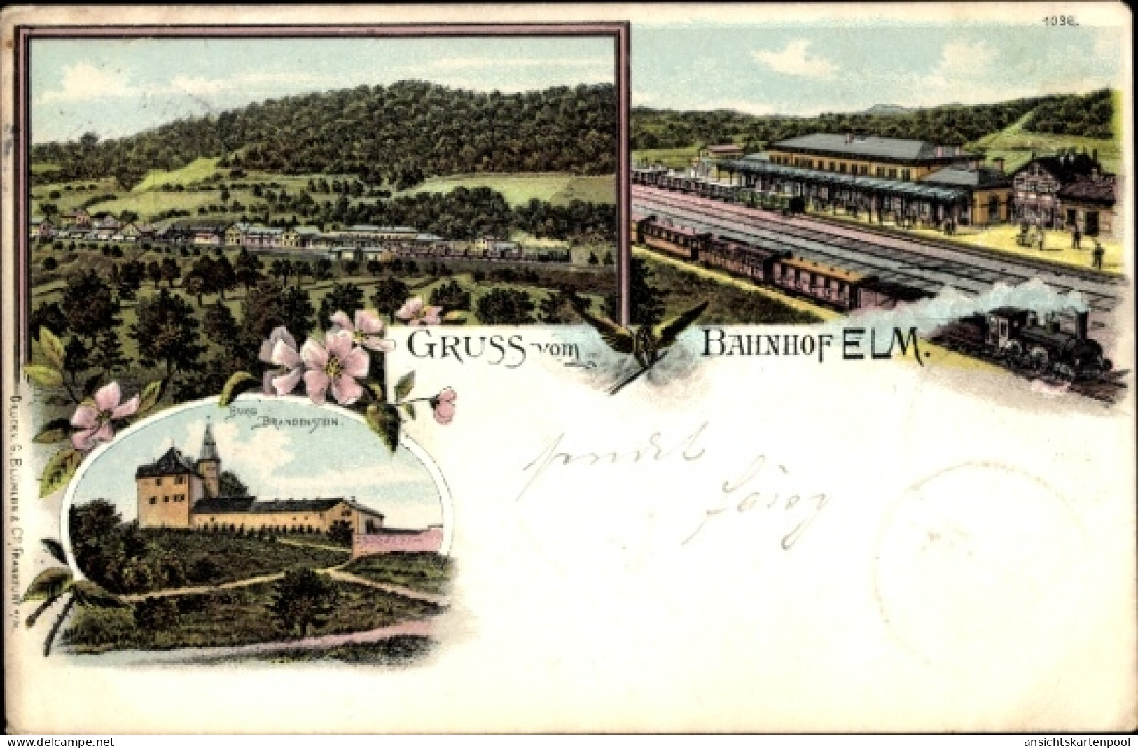 Lithographie Elm Schlüchtern im Main Kinzig Kreis, Bahnhof, Burg Brandenstein