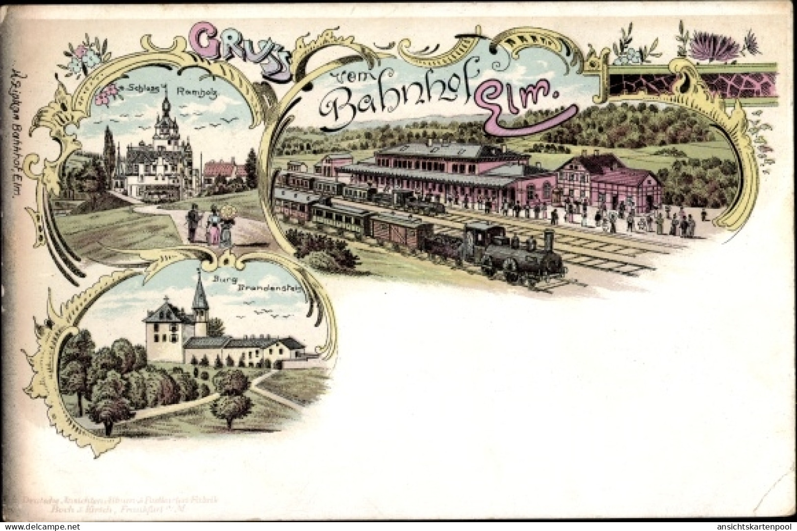 Lithographie Elm Schlüchtern im Main Kinzig Kreis, Bahnhof, Gleisseite, Burg Brandenstein, Schloss Ramholz