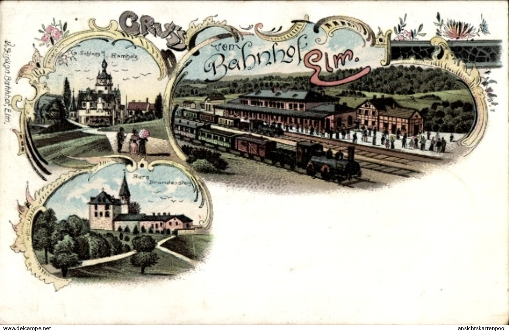 Lithographie Elm Schlüchtern im Main Kinzig Kreis, Bahnhof, Gleisseite, Burg Brandenstein, Schloss Ramholz