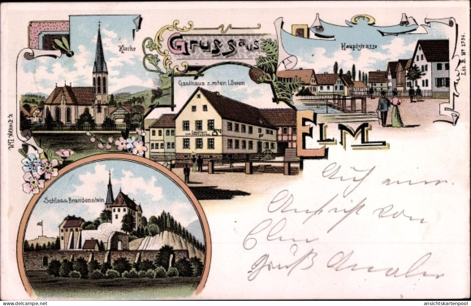Lithographie Elm Schlüchtern im Main Kinzig Kreis, Kirche, Schloss Brandenstein, Gasthaus zum roten Löwen