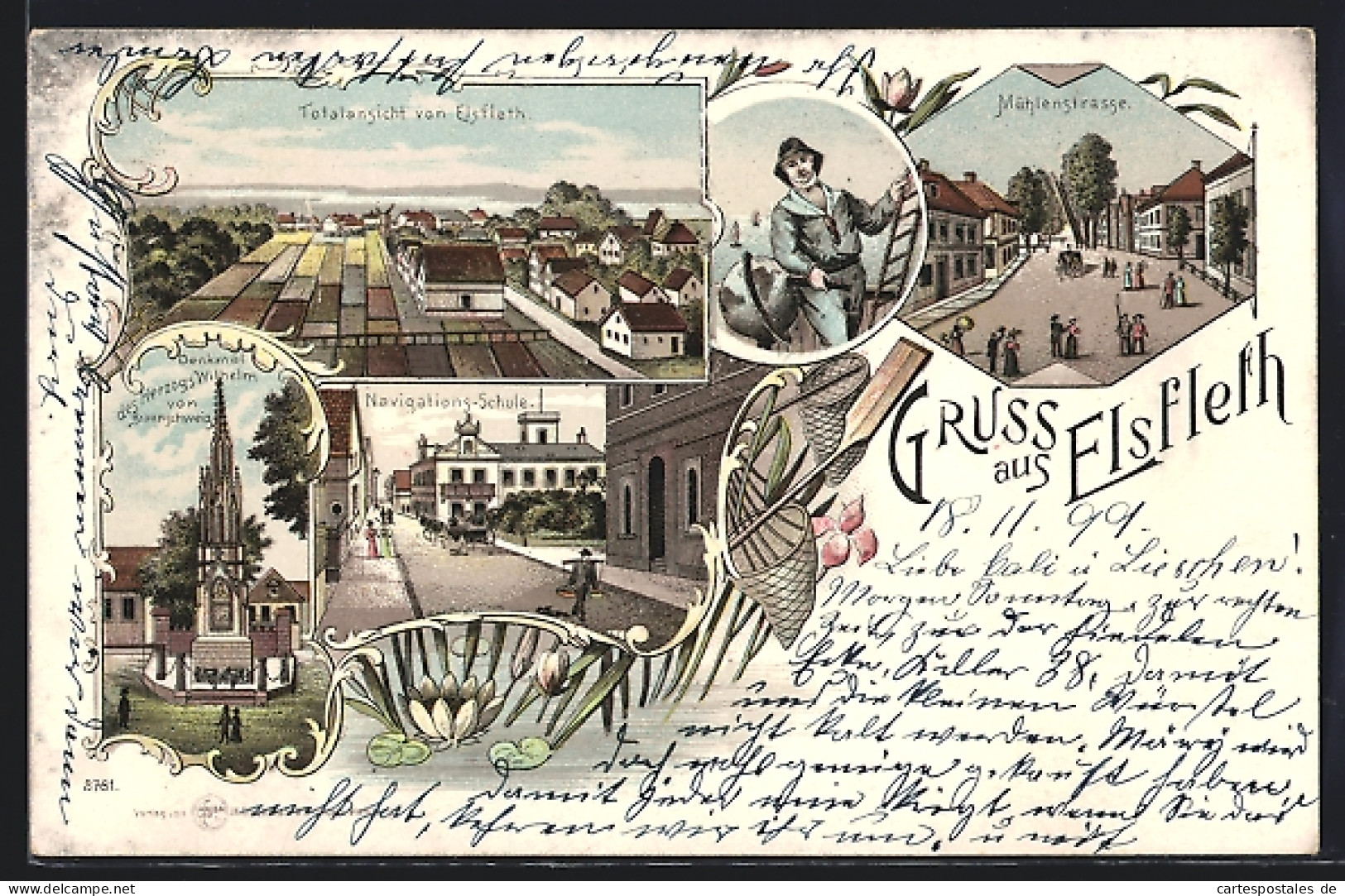 Lithographie Elsfleth, Navigations-Schule, Mühlenstrasse, Denkmal des Herzogs Wilhelm von Braunschweig