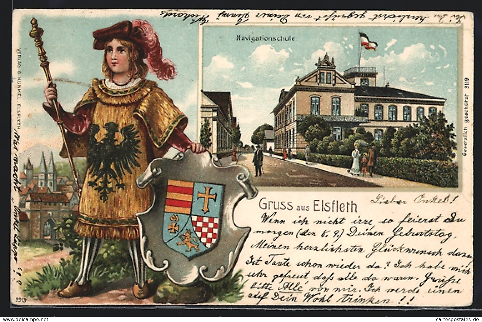 Lithographie Elsfleth, Stadtwache mit Schild und Stab, Navigationsschule