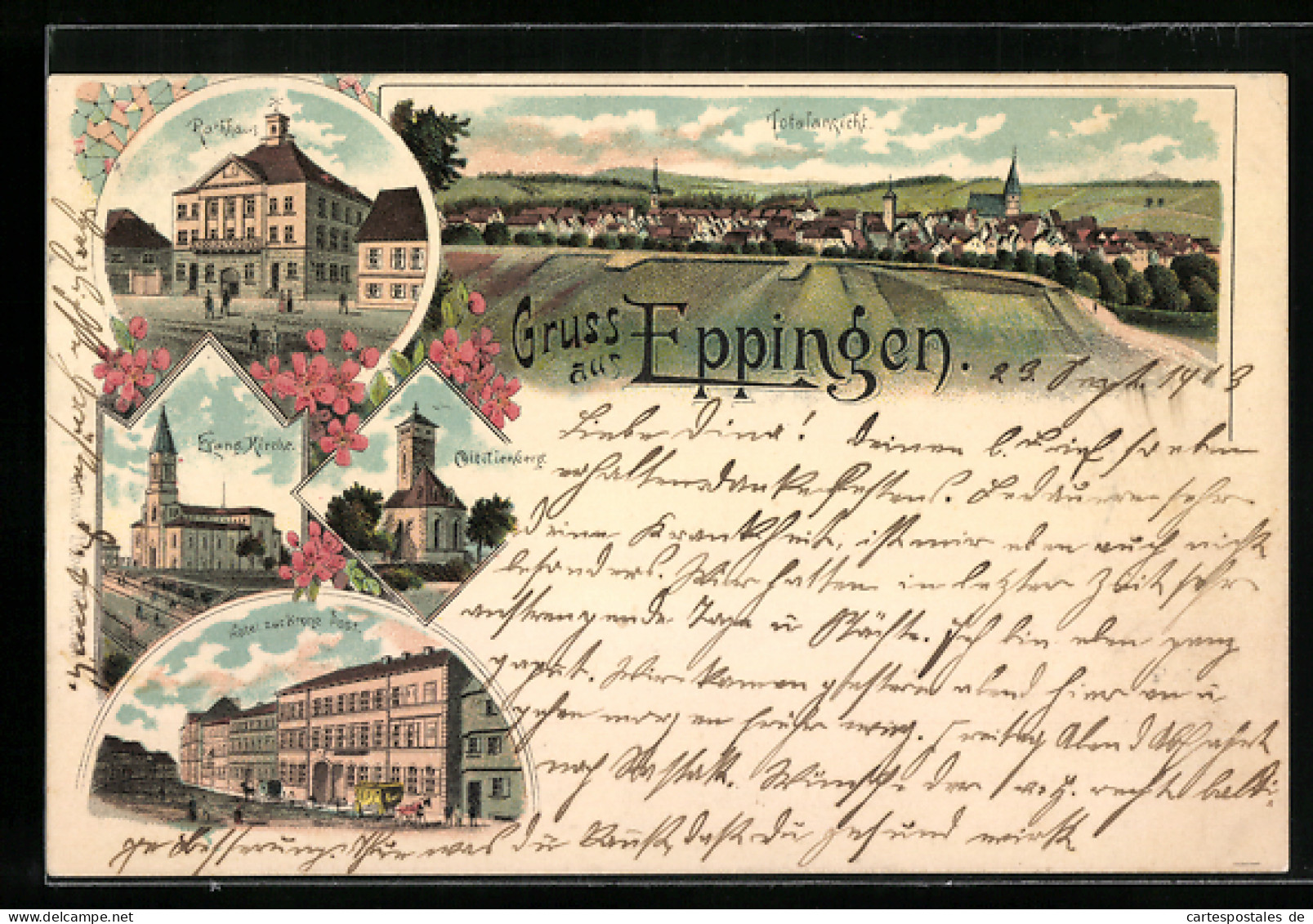 Lithographie Eppingen, Hotel zur Krone Post, Ottilienberg, Totalansicht