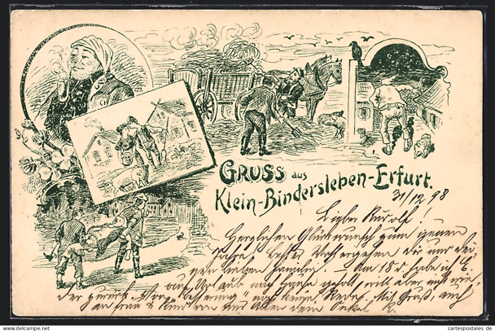 Lithographie Erfurt, Klein-Bindersleben, Ländliche und lustige Szenen
