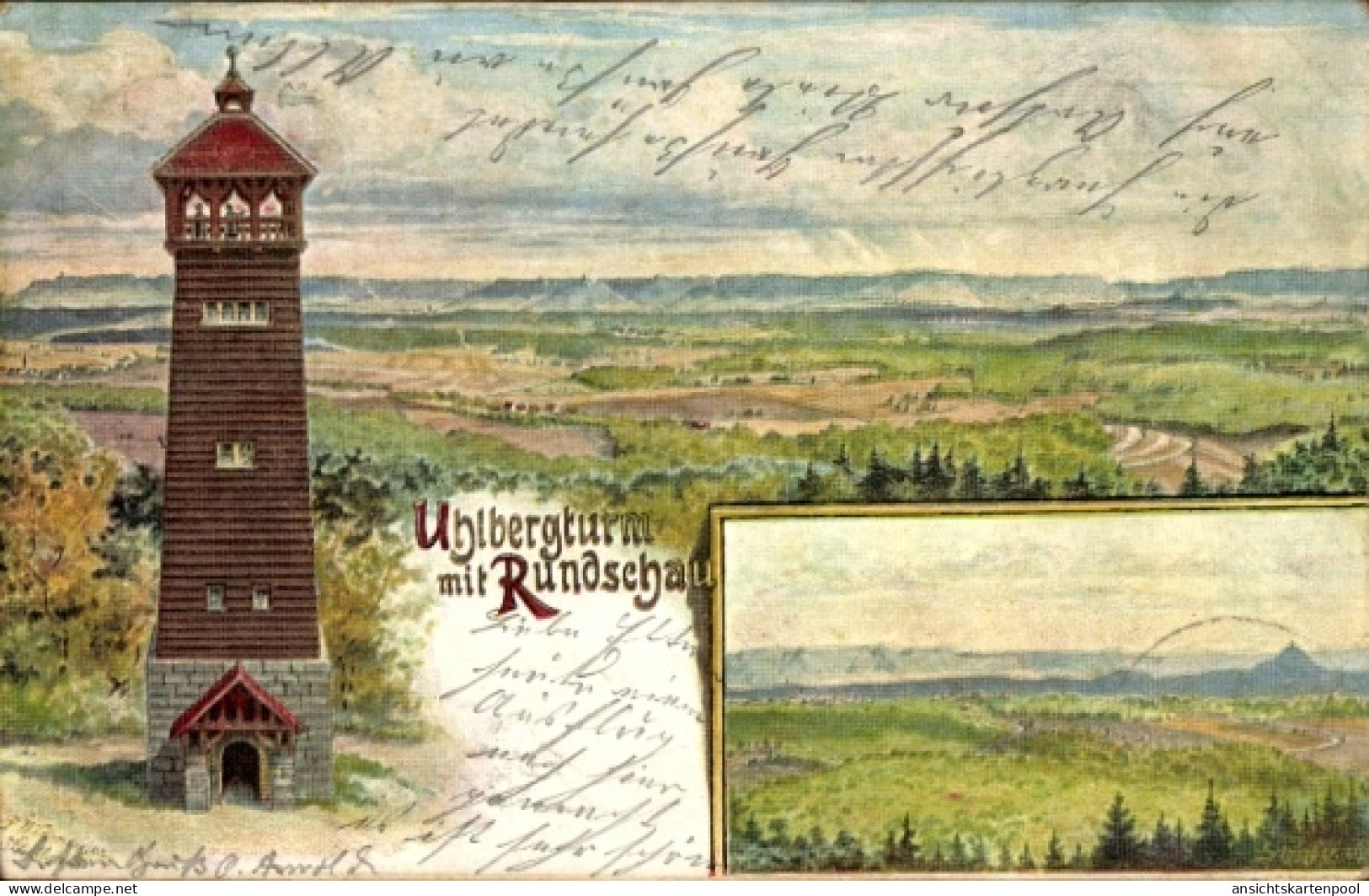 Lithographie Filderstadt in Württemberg, Uhlbergturm mit Rundschau
