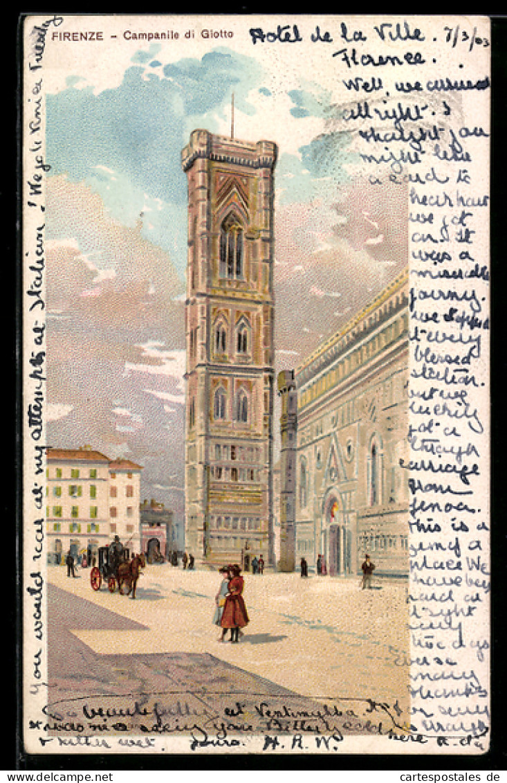 Lithographie Firenze, Campanile di Giotto con persone in piazza