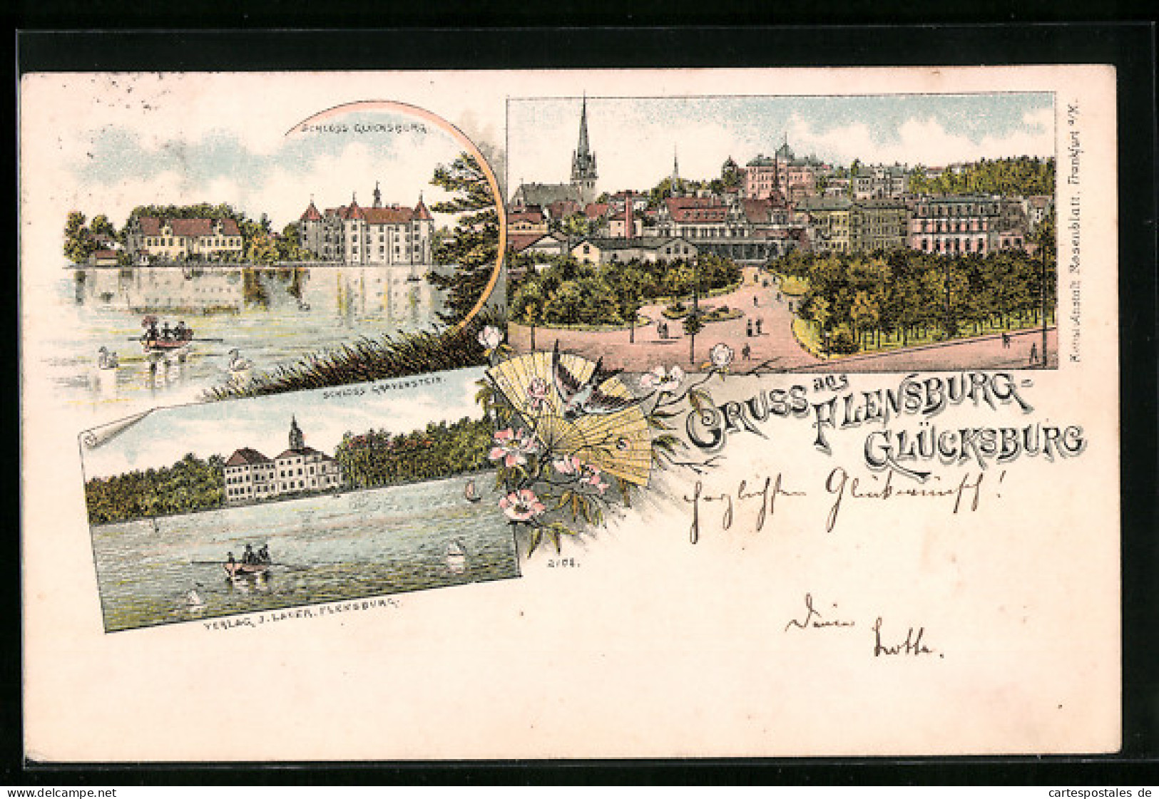 Lithographie Flensburg-Glücksburg, Schloss Glücksburg, Schloss Gravenstein, Ortspartie