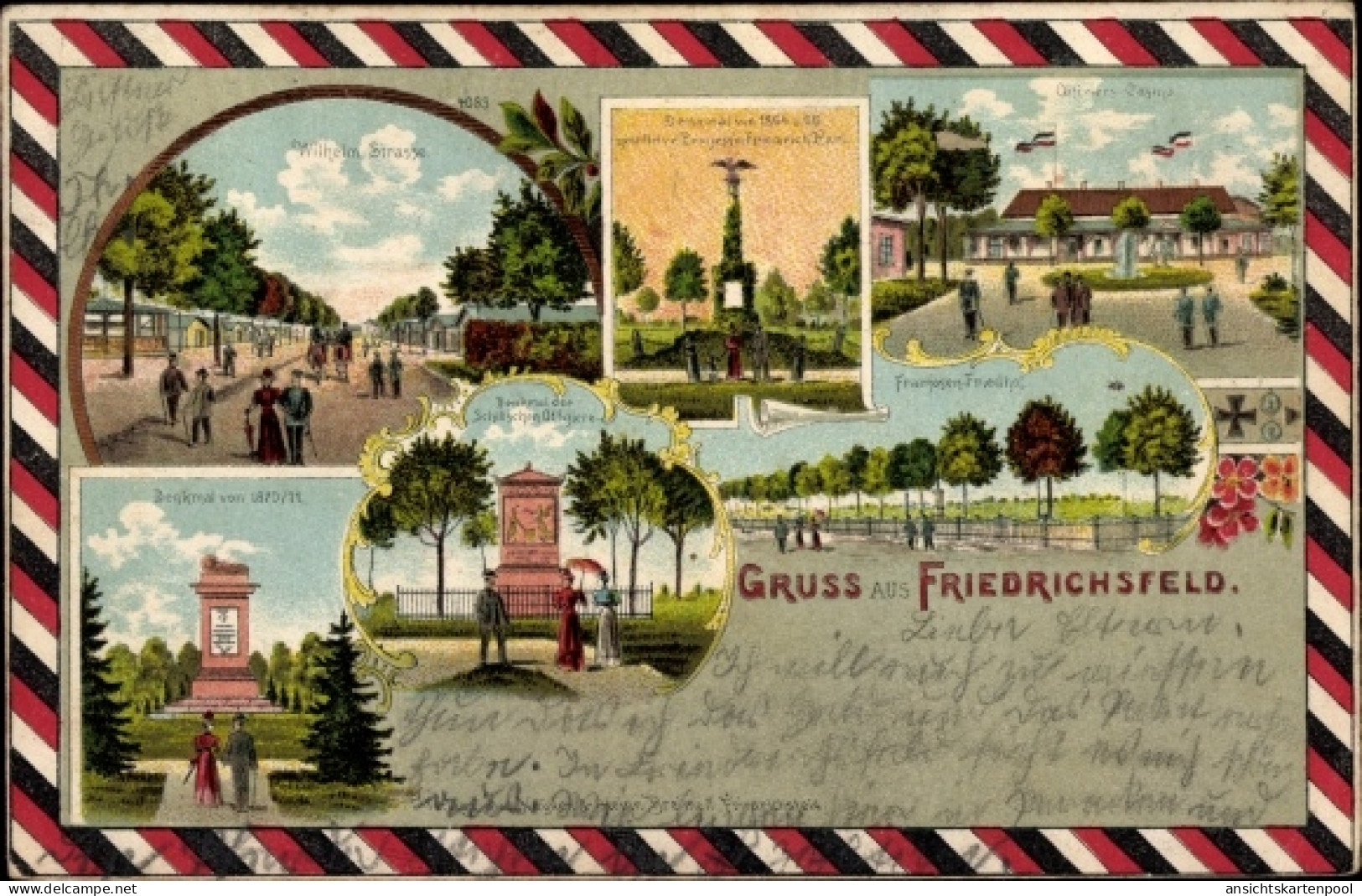 Lithographie Friedrichsfeld Voerde am Niederrhein, Kriegerdenkmal, Offizierkasino, Franzosenfriedhof